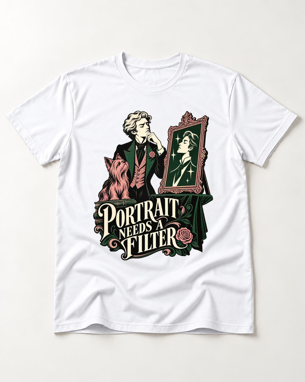 Yorkshire Terrier Needs a Filter T-Shirt in White, flat lay product photo