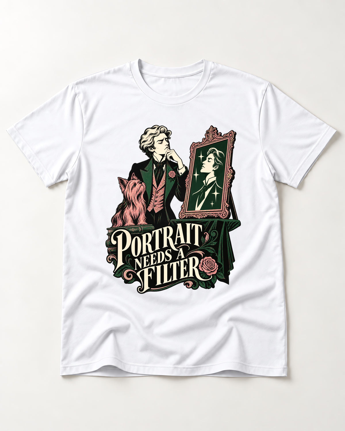 Yorkshire Terrier Needs a Filter T-Shirt in White, flat lay product photo