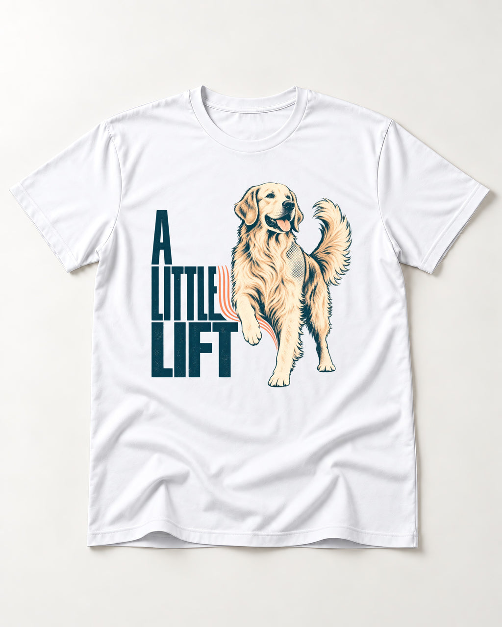 A Little Lift Golden Retriever T-Shirt in White, flat lay product photo