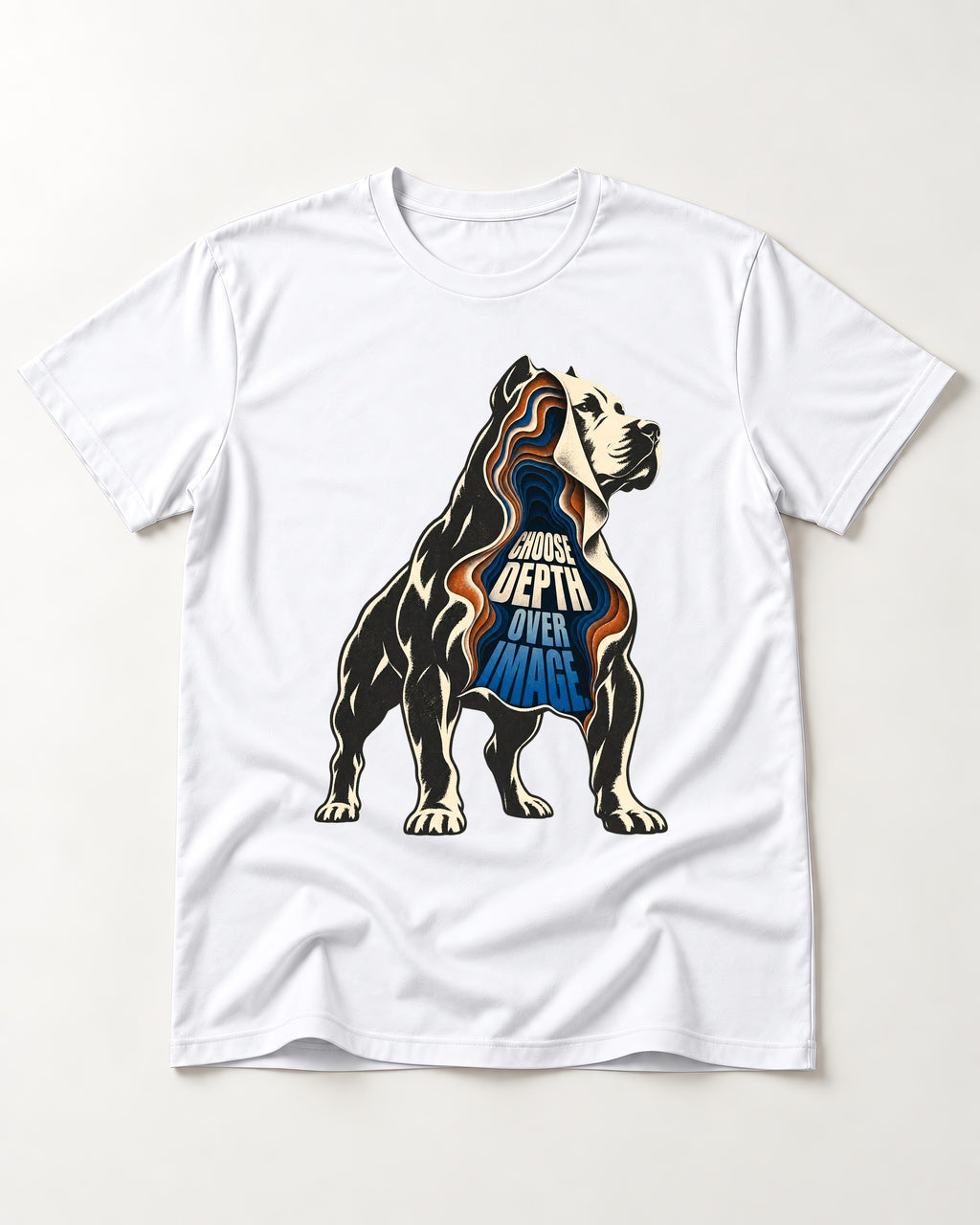 Pitbull Choose Depth Over Image Layered Cutaway Graphic T-Shirt in White, flat lay product photo
