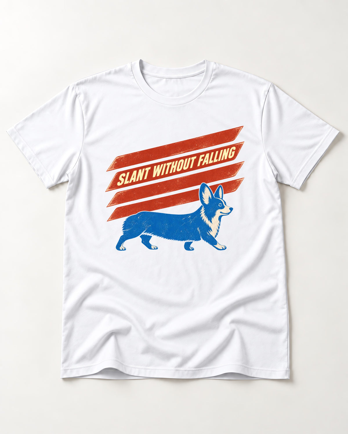 Corgi Slant Without Falling Speed Graphic T-Shirt in White, flat lay product photo
