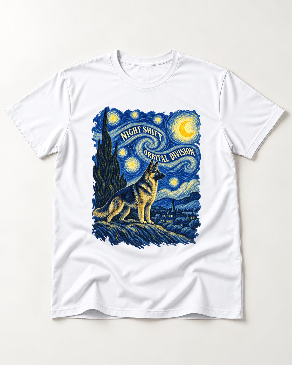 German Shepherd Dog Night Shift Orbital Division Starry Night T-Shirt in White, flat lay product photo