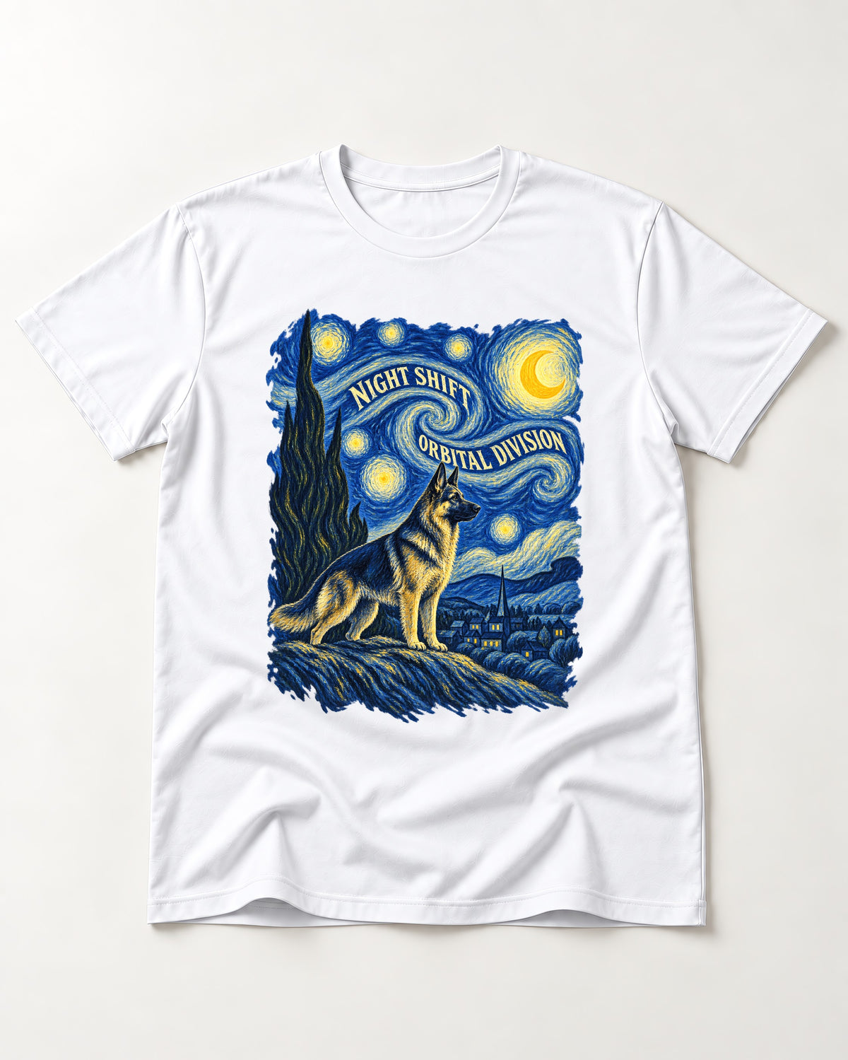 German Shepherd Dog Night Shift Orbital Division Starry Night T-Shirt in White, flat lay product photo