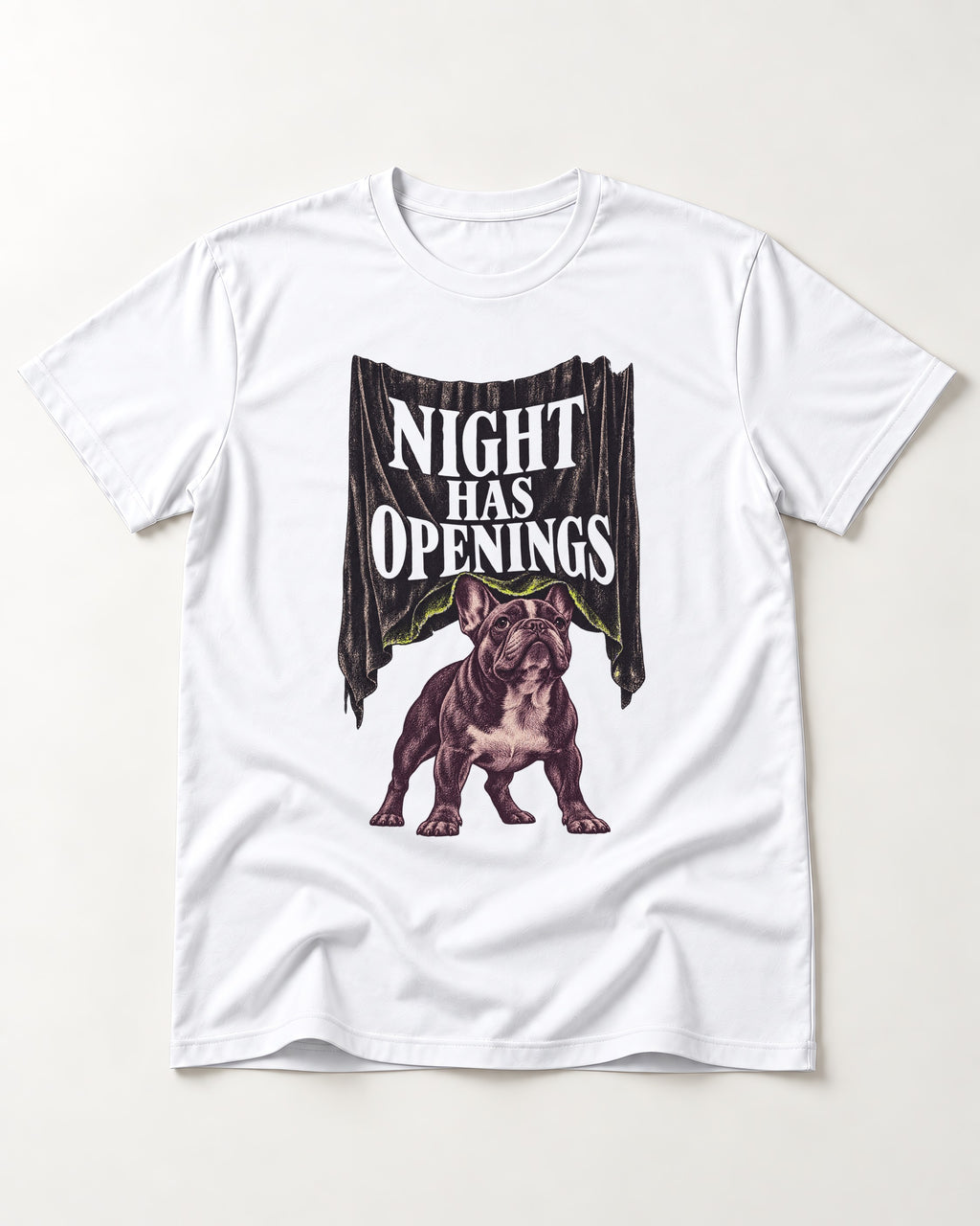 Night Has Openings Frenchie T-Shirt in White, flat lay product photo