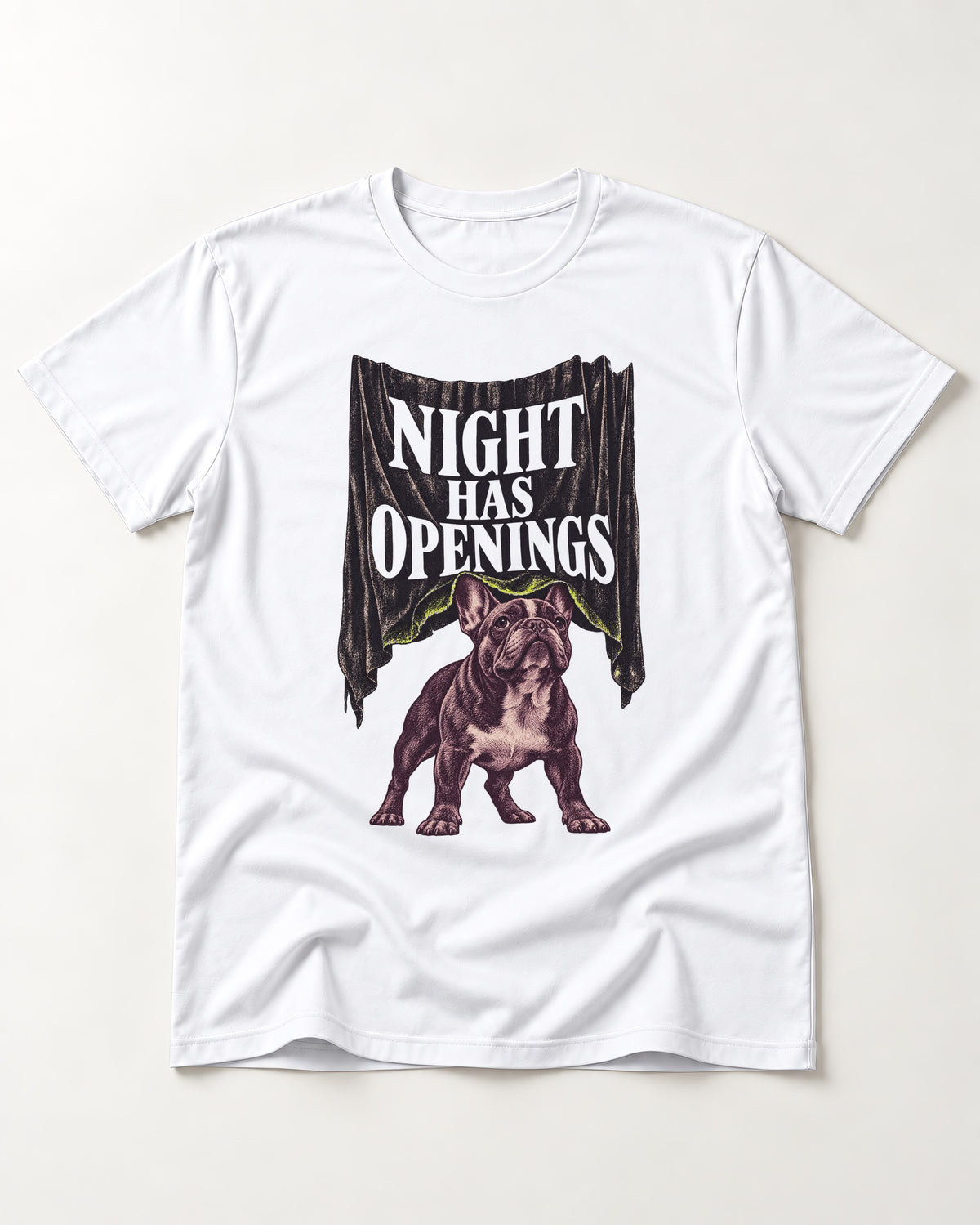 Night Has Openings Frenchie T-Shirt in White, flat lay product photo