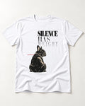 Silence Has Weight Frenchie T-Shirt in White, flat lay product photo