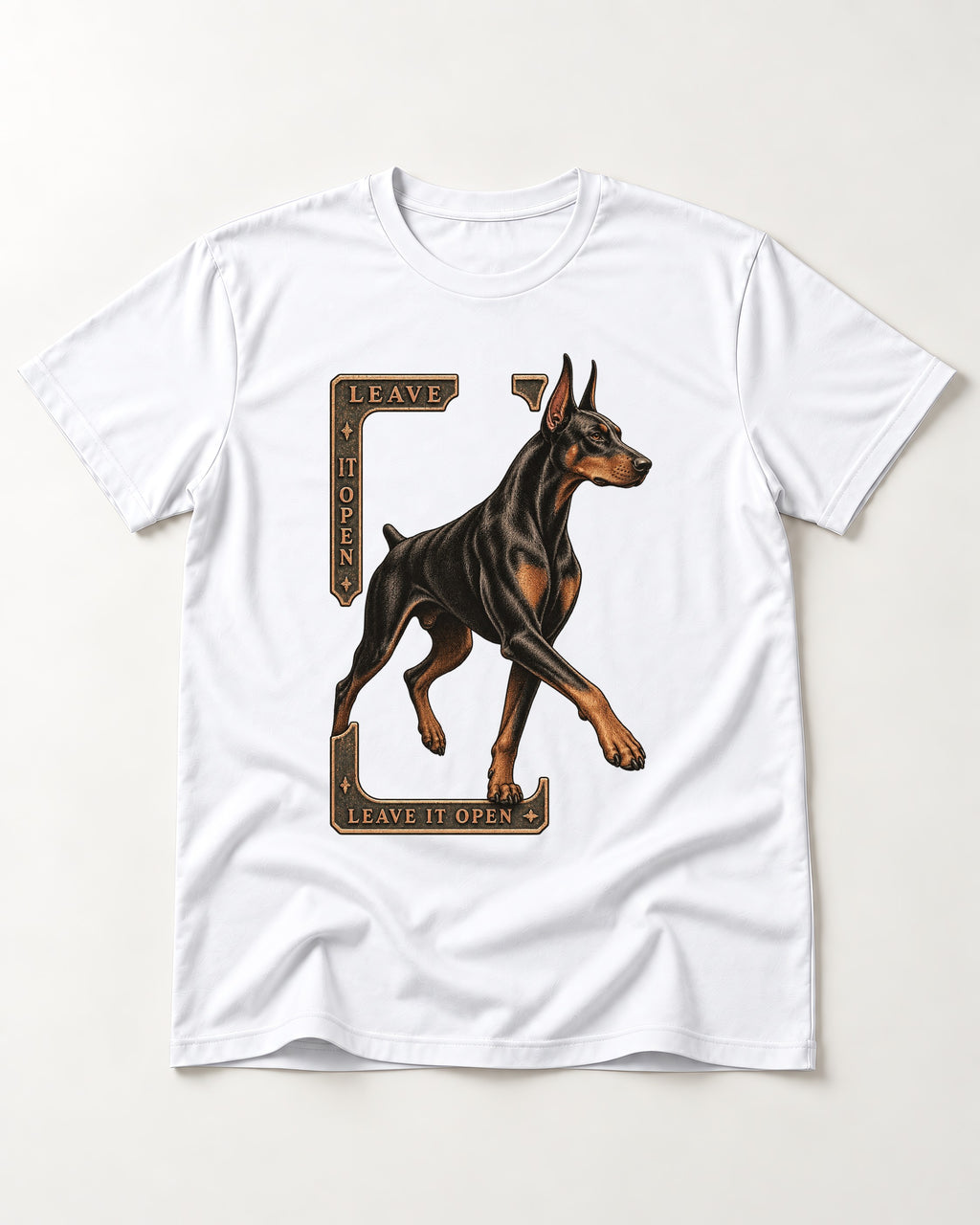 Leave It Open Doberman T-Shirt in White, flat lay product photo