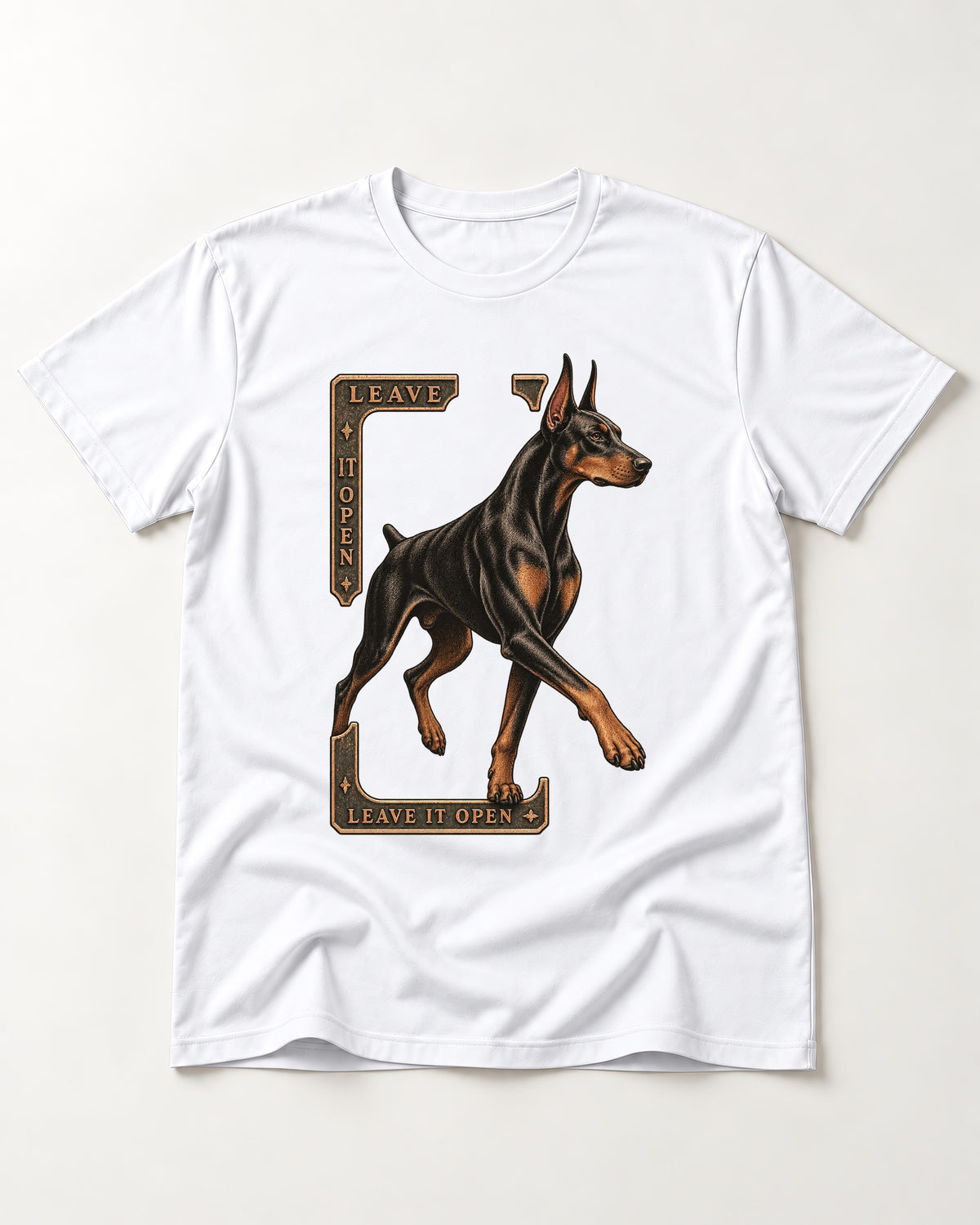 Leave It Open Doberman T-Shirt in White, flat lay product photo