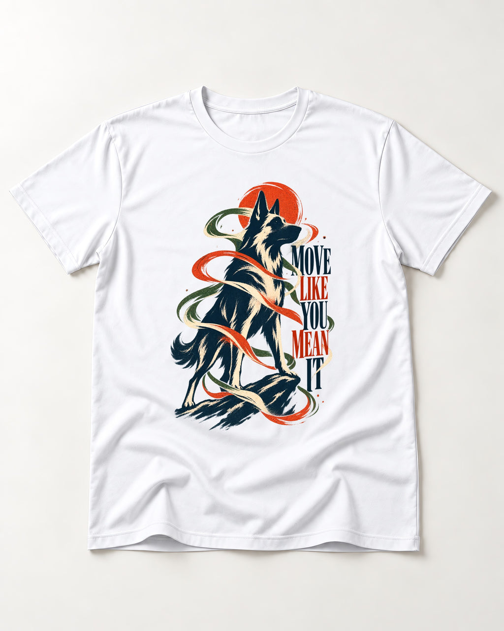 German Shepherd Dog Mean It T-Shirt in White, flat lay product photo