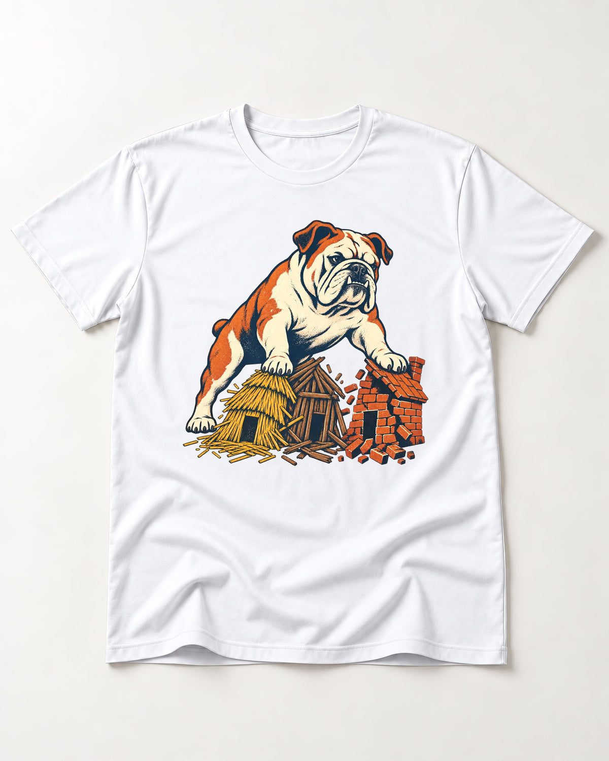 English Bulldog Huff and Puff T-Shirt in White, flat lay product photo