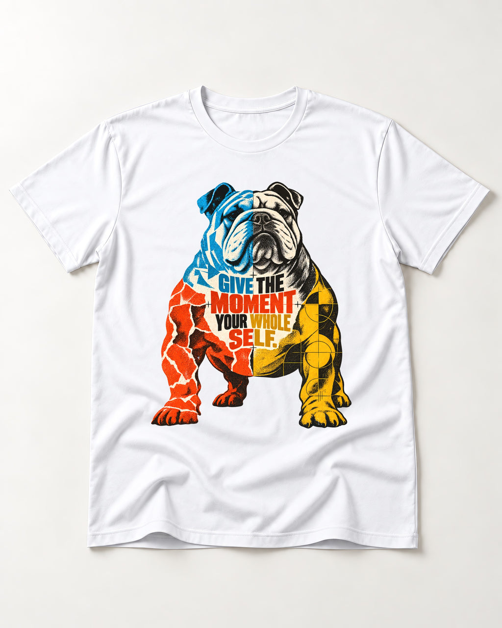 English Bulldog Give Your Whole Self T-Shirt in White, flat lay product photo