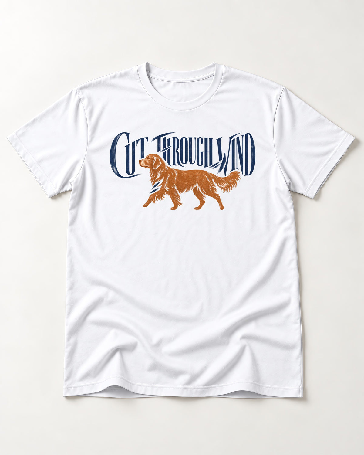 Golden Retriever Cut Through Land T-Shirt in White, flat lay product photo