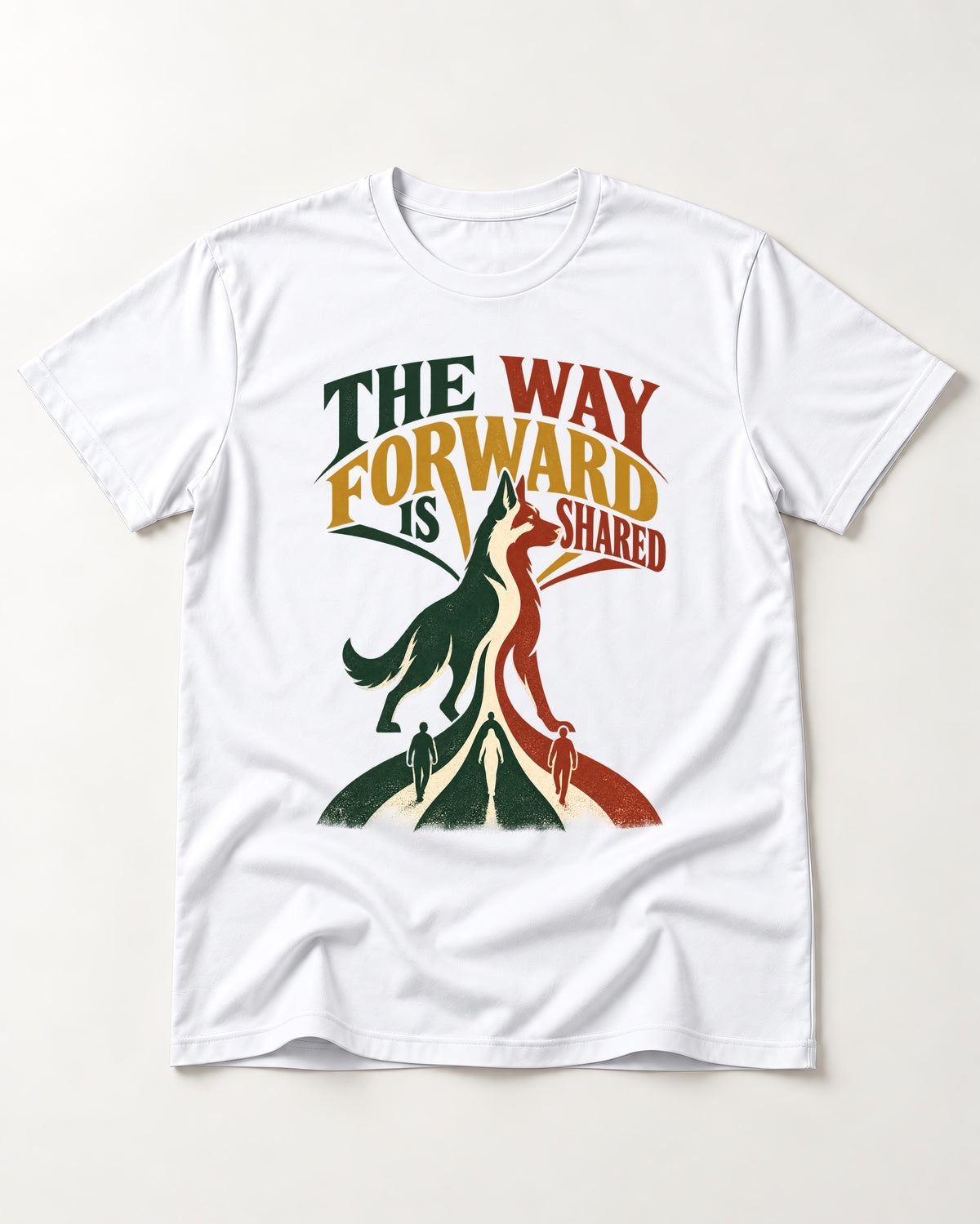 Shared Way Forward German Shepherd Dog T-Shirt in White, flat lay product photo
