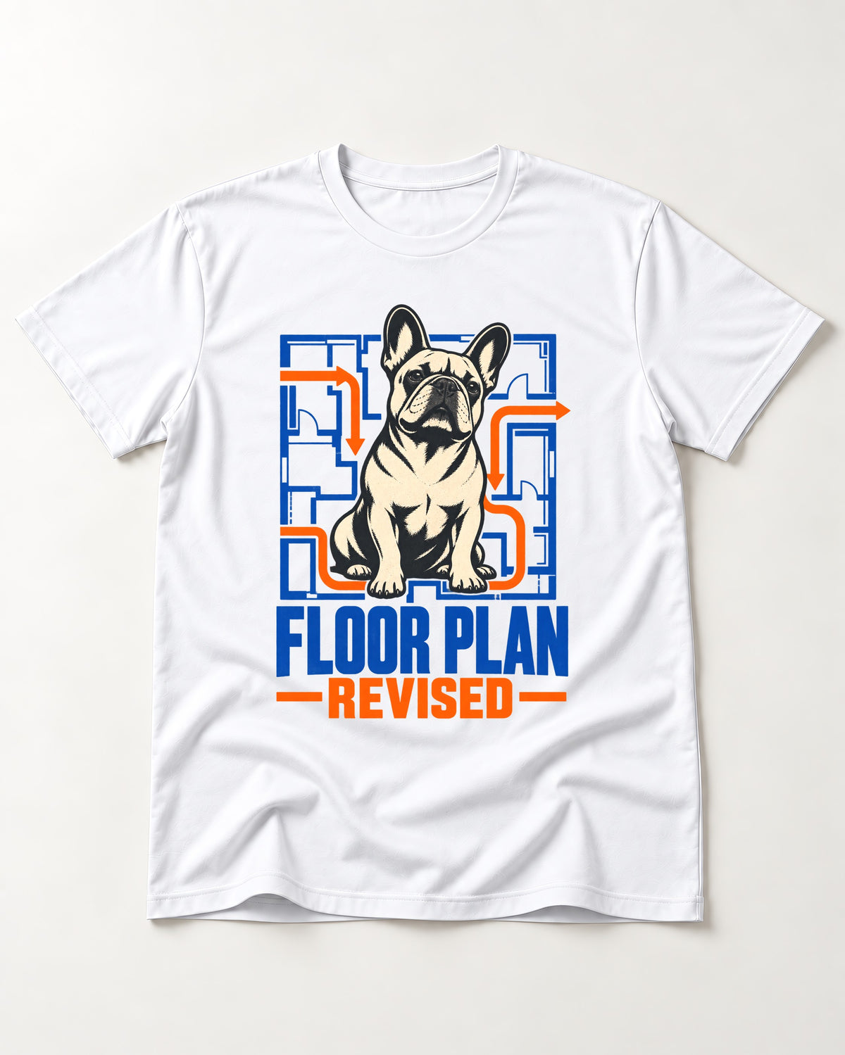Frenchie Floor Plan Revised T-Shirt in White, flat lay product photo