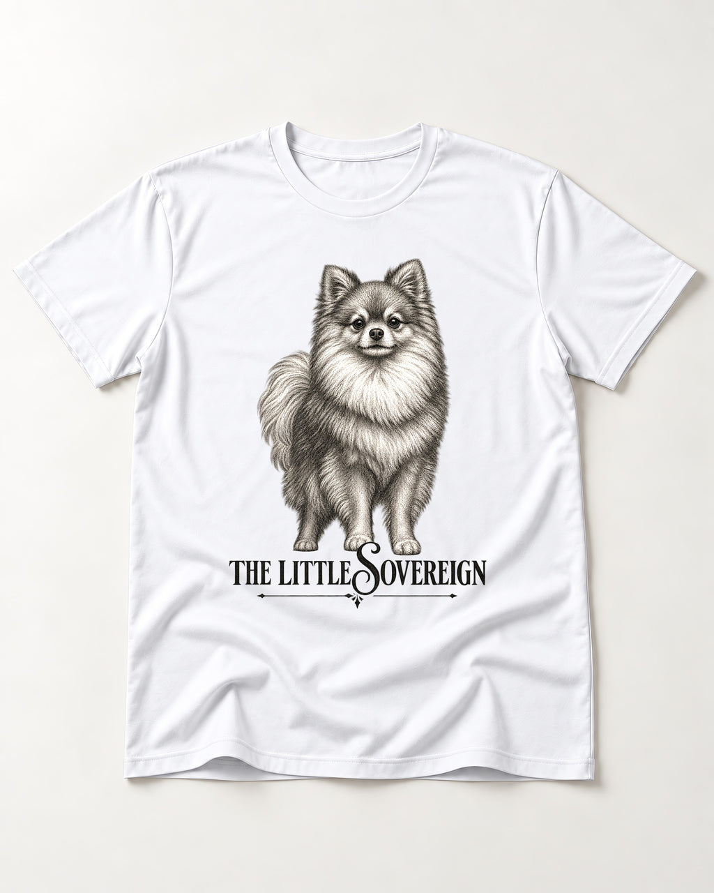 The Little Sovereign Pomeranian T-Shirt in White, flat lay product photo
