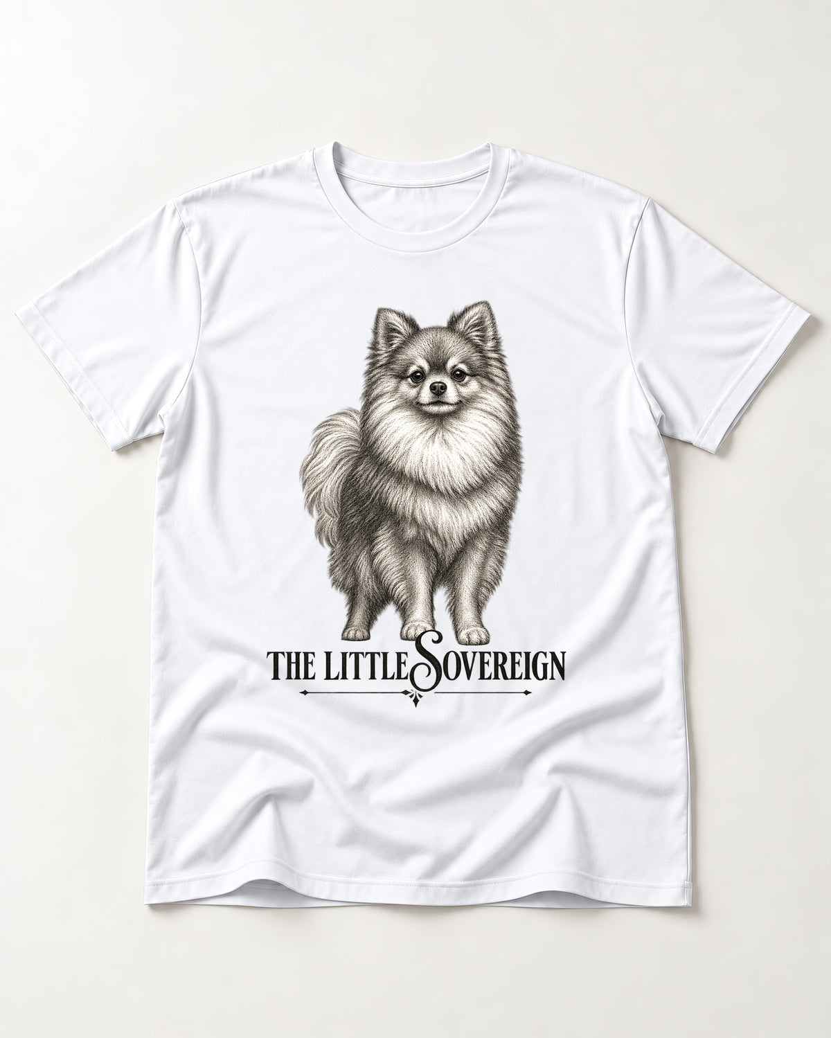 The Little Sovereign Pomeranian T-Shirt in White, flat lay product photo
