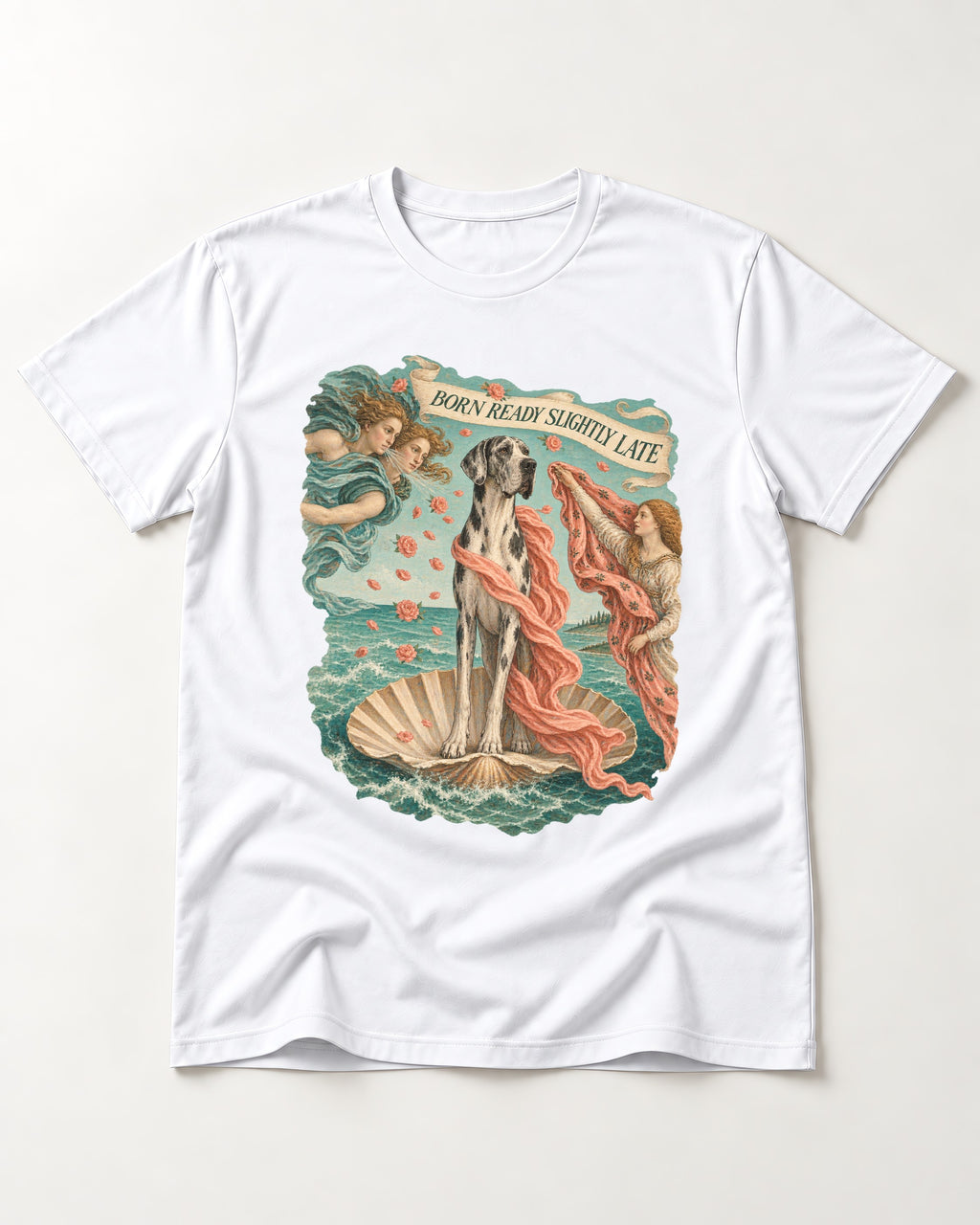 Great Dane Born Ready Slightly Late T-Shirt in White, flat lay product photo