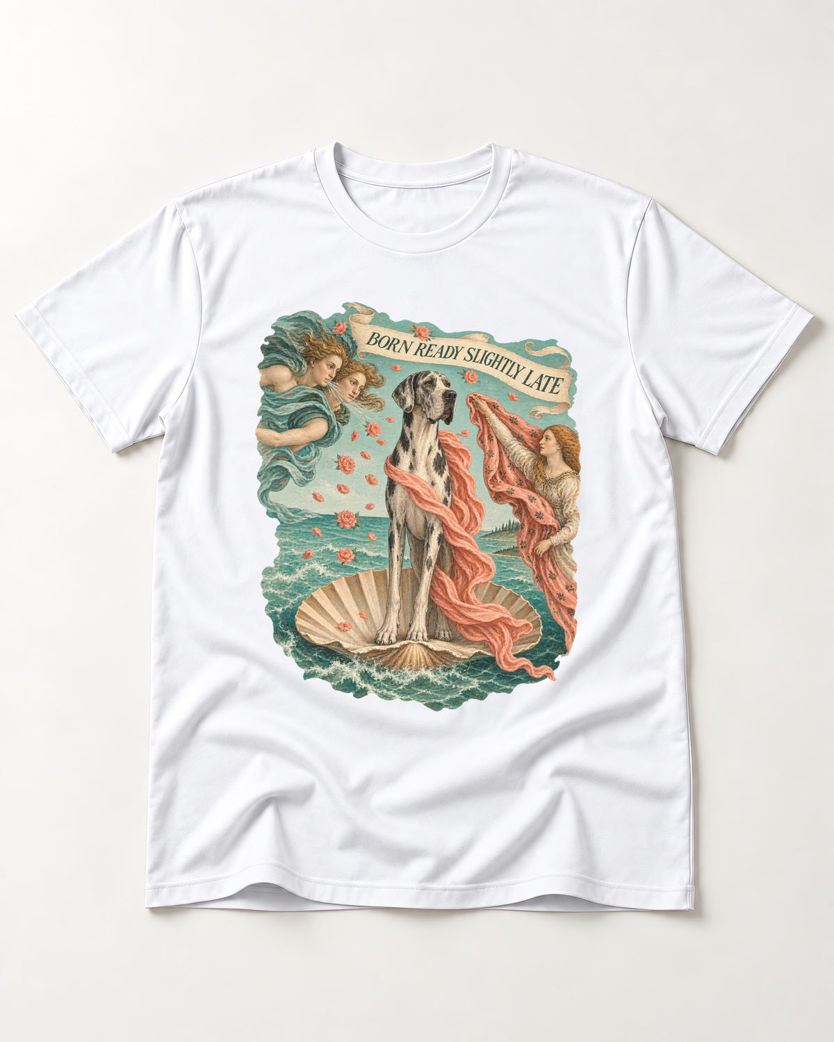 Great Dane Born Ready Slightly Late T-Shirt in White, flat lay product photo