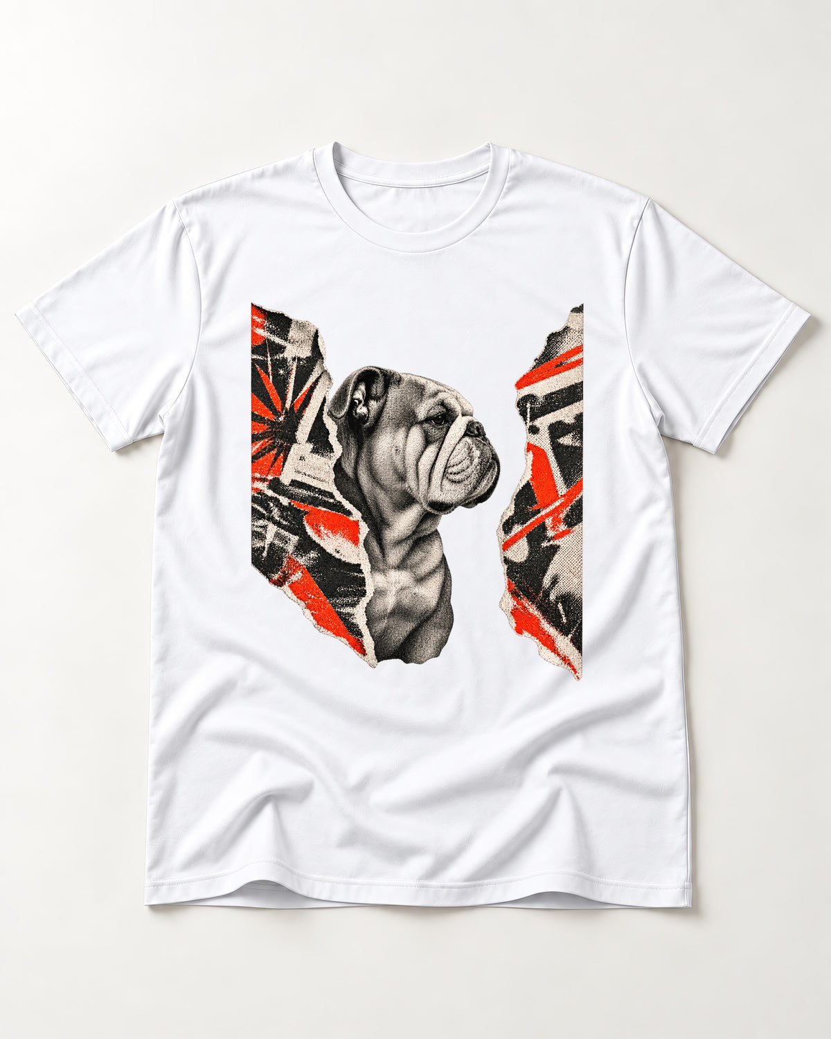 English Bulldog Unbowed T-Shirt in White, flat lay product photo