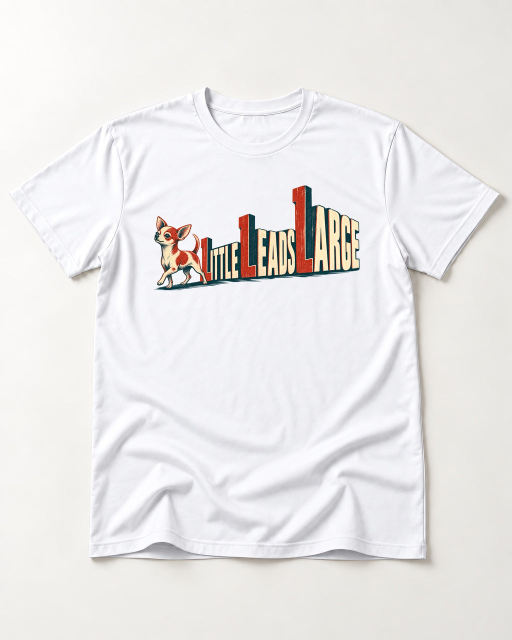 Chihuahua Little Leads Large Perspective Typography T-Shirt in White, flat lay product photo