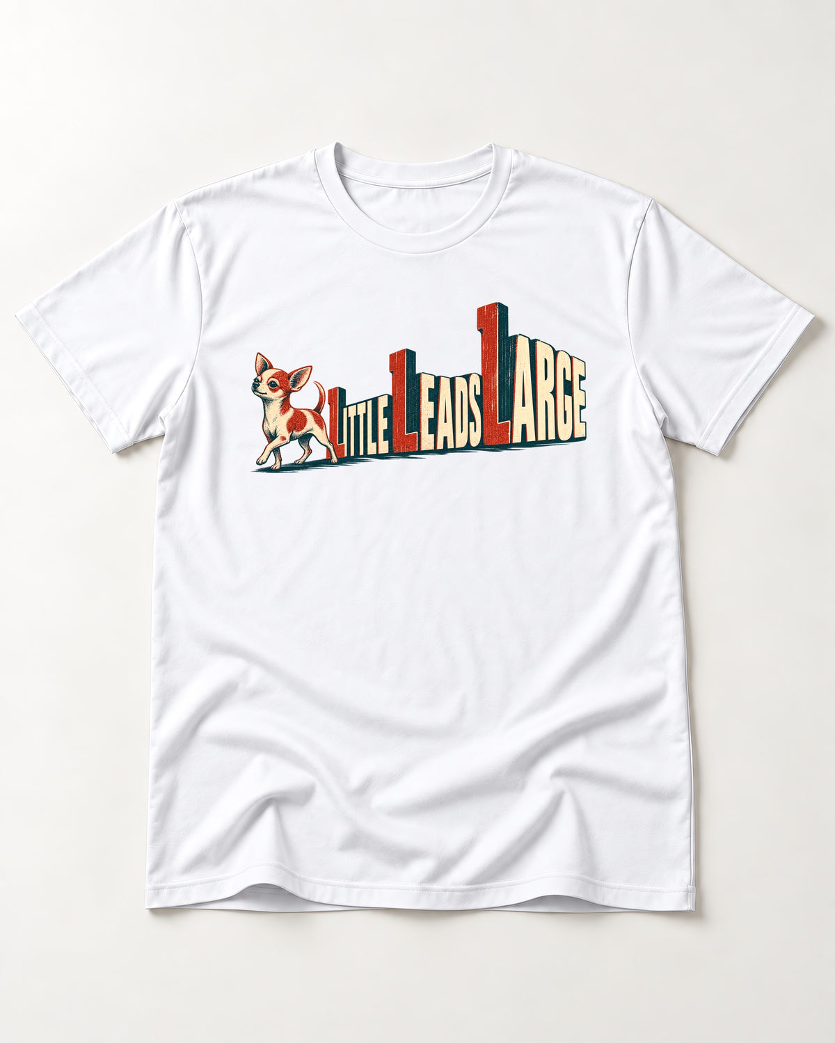 Chihuahua Little Leads Large Perspective Typography T-Shirt in White, flat lay product photo