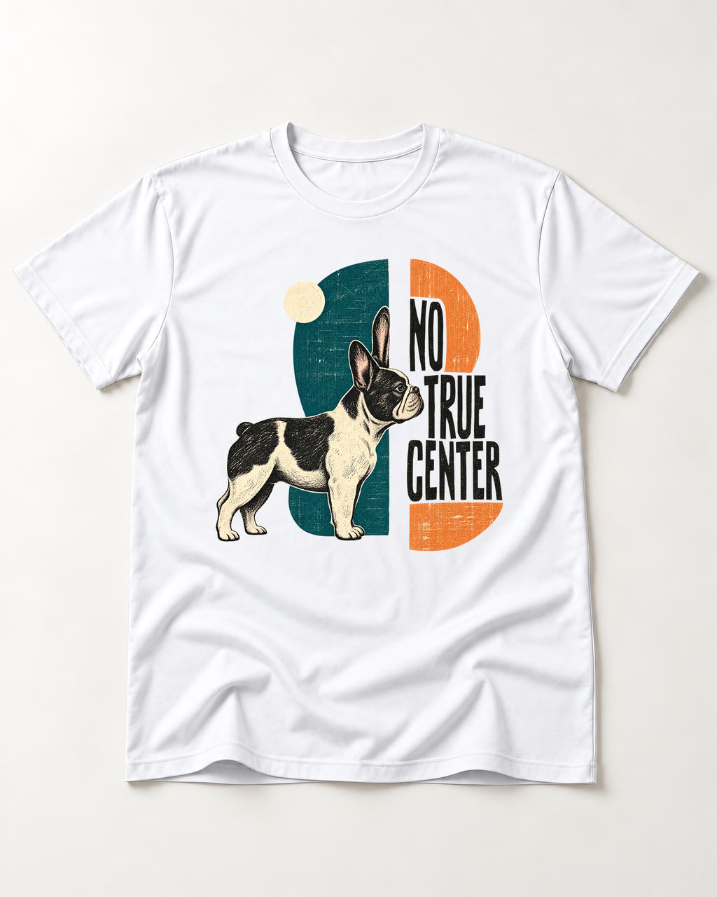 No True Center Frenchie T-Shirt in White, flat lay product photo