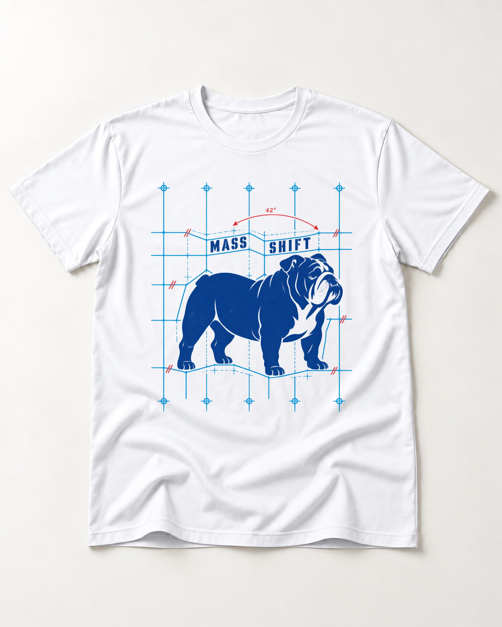 Mass Shift English Bulldog T-Shirt in White, flat lay product photo