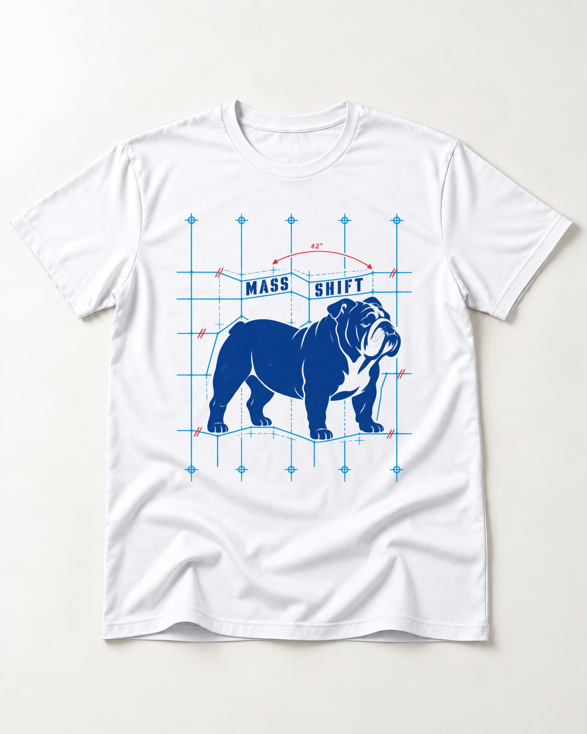 Mass Shift English Bulldog T-Shirt in White, flat lay product photo