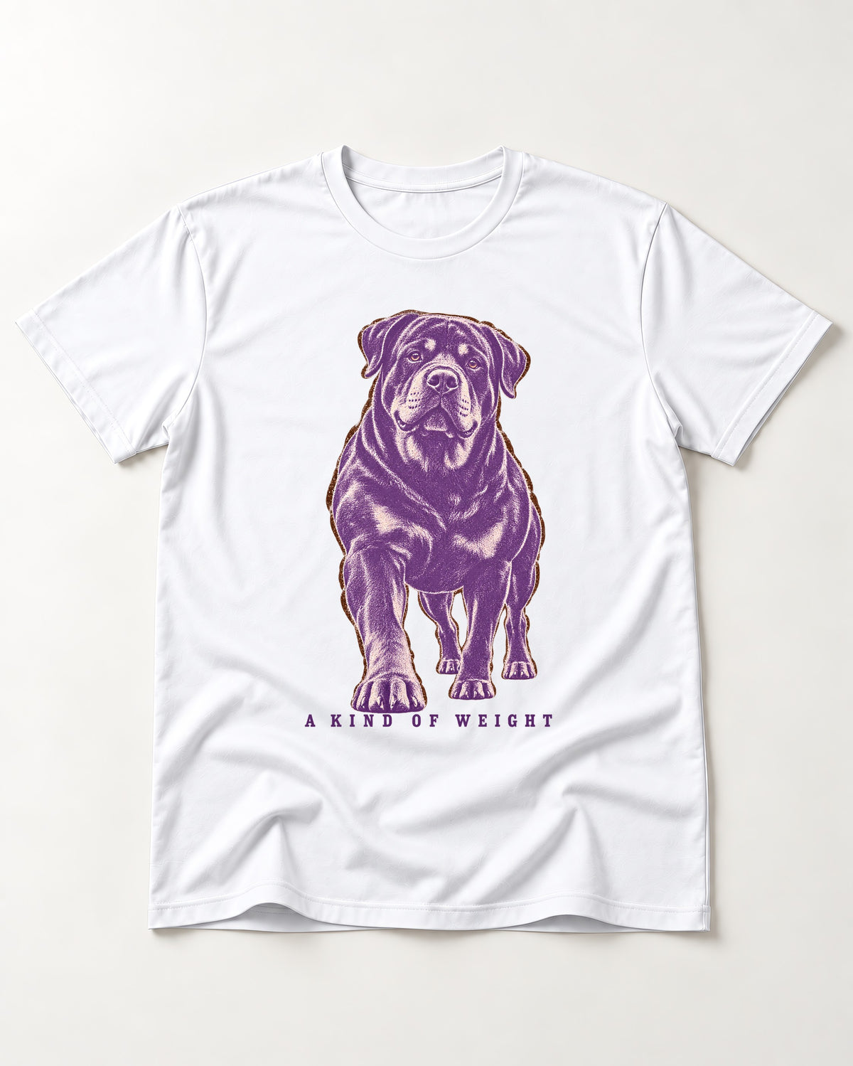 Rottweiler A Kind of Weight T-Shirt in White, flat lay product photo