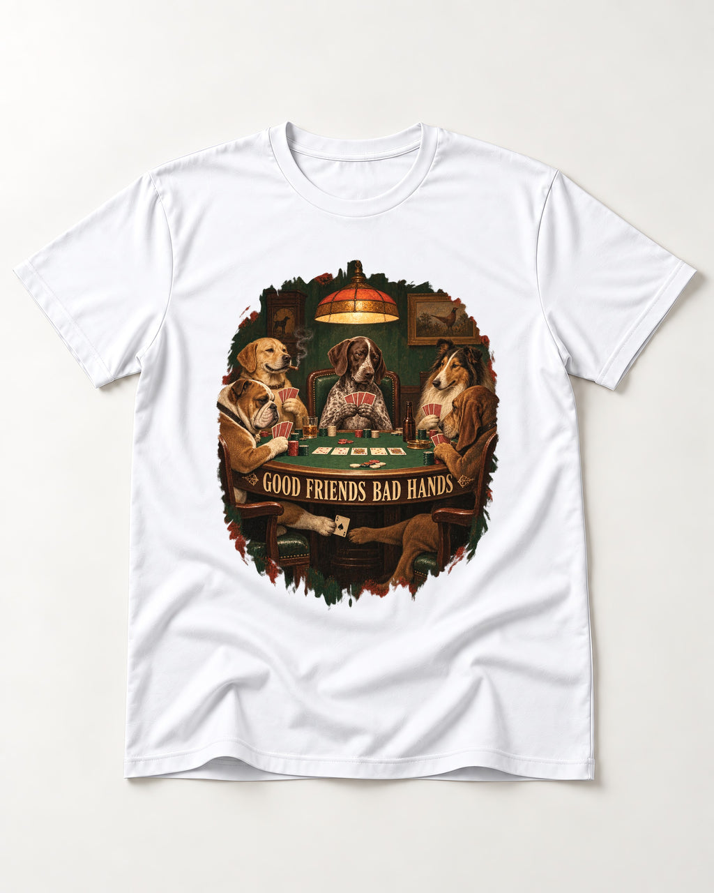 German Shorthaired Pointer Good Friends Bad Hands Poker Night Graphic T-Shirt in White, flat lay product photo