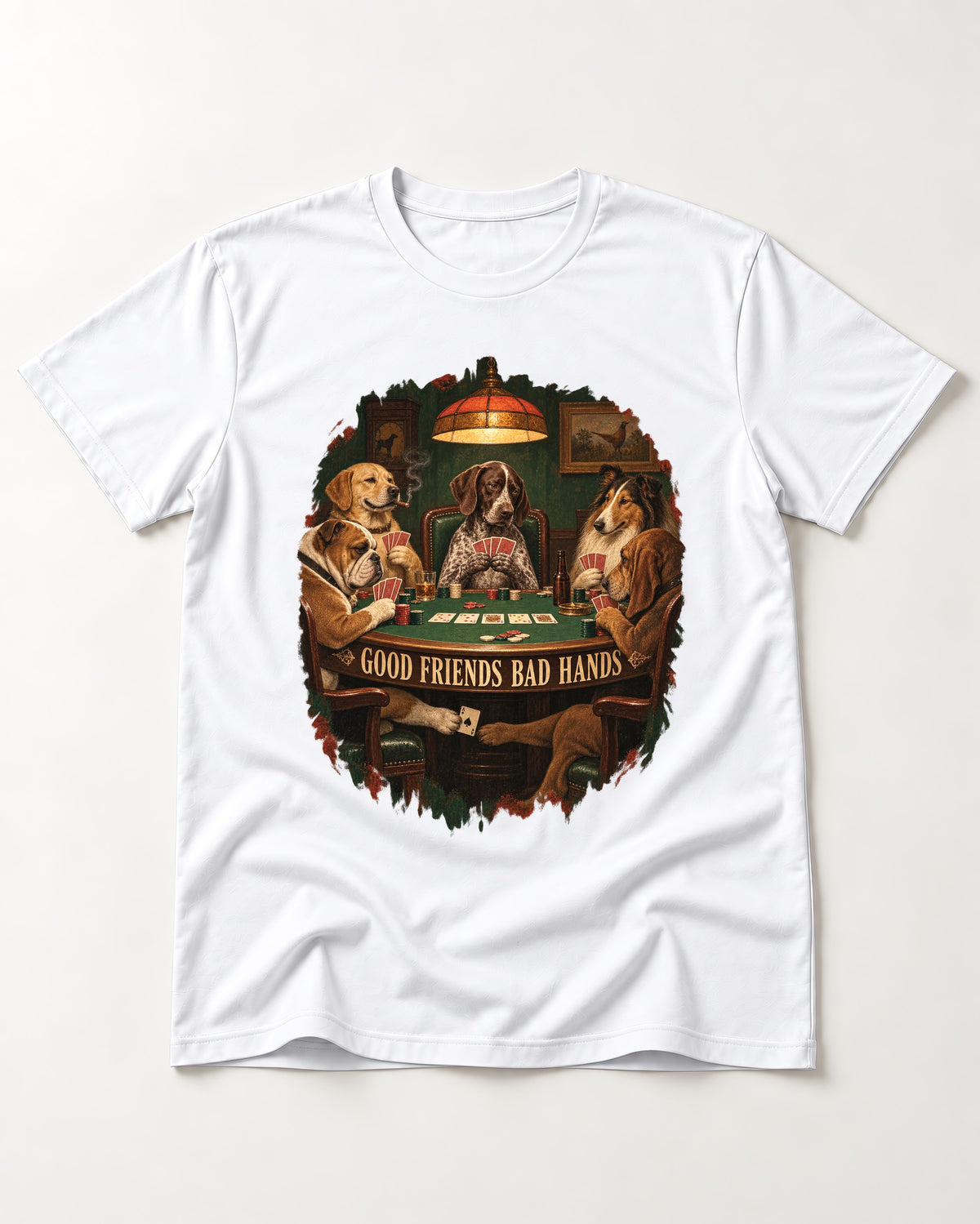 German Shorthaired Pointer Good Friends Bad Hands Poker Night Graphic T-Shirt in White, flat lay product photo