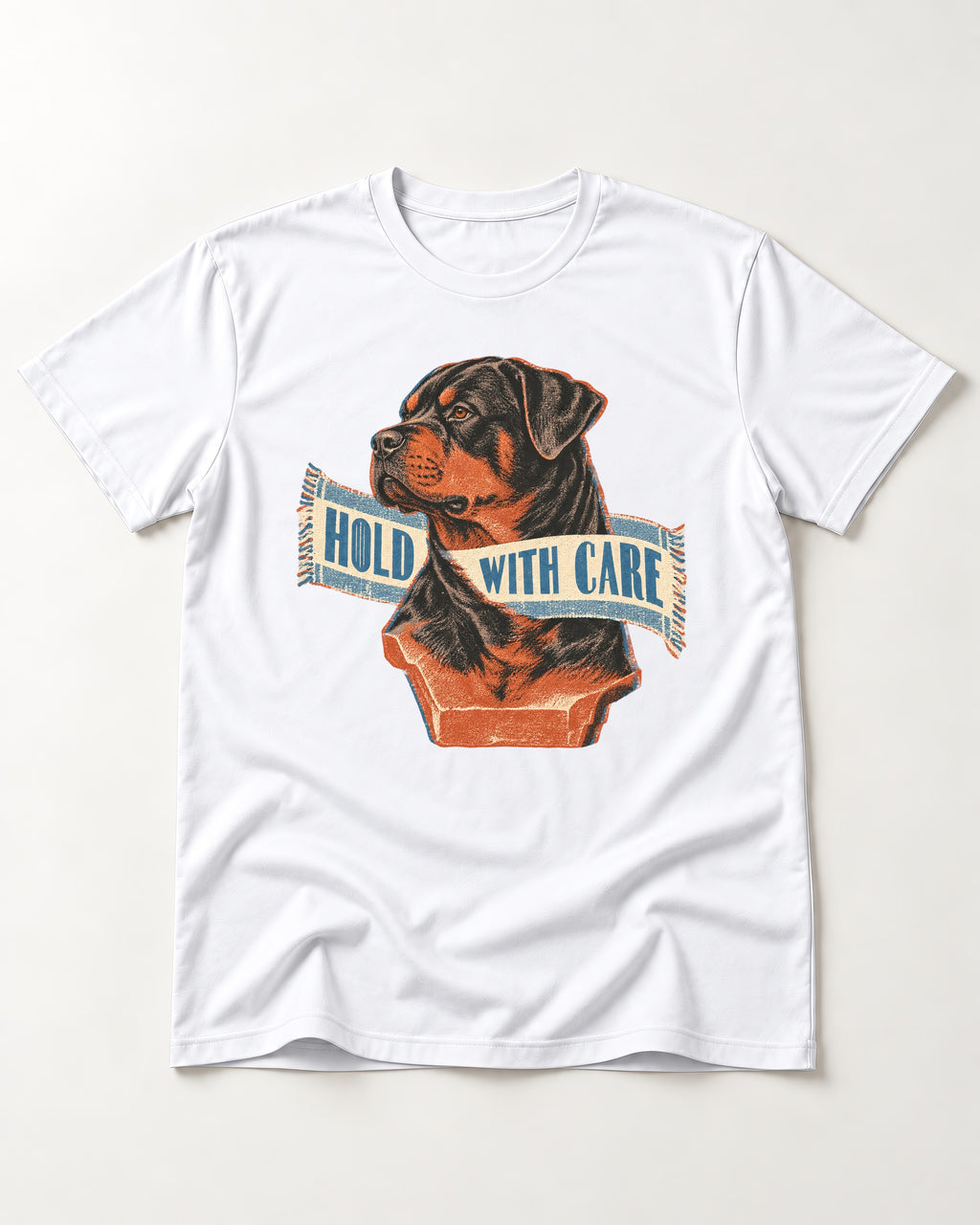 Rottweiler Hold with Care T-Shirt in White, flat lay product photo