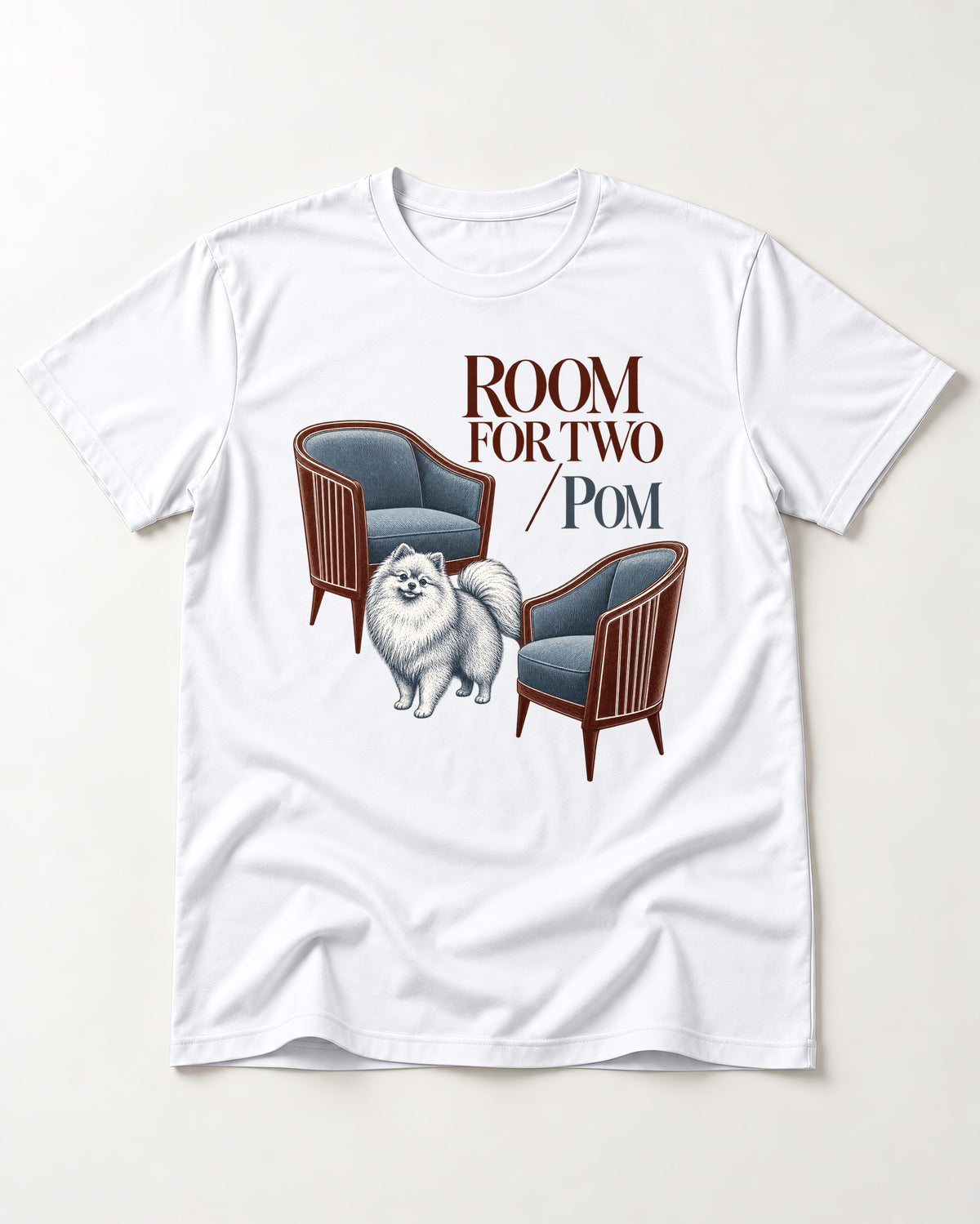 Room for Two with Pomeranian T-Shirt in White, flat lay product photo