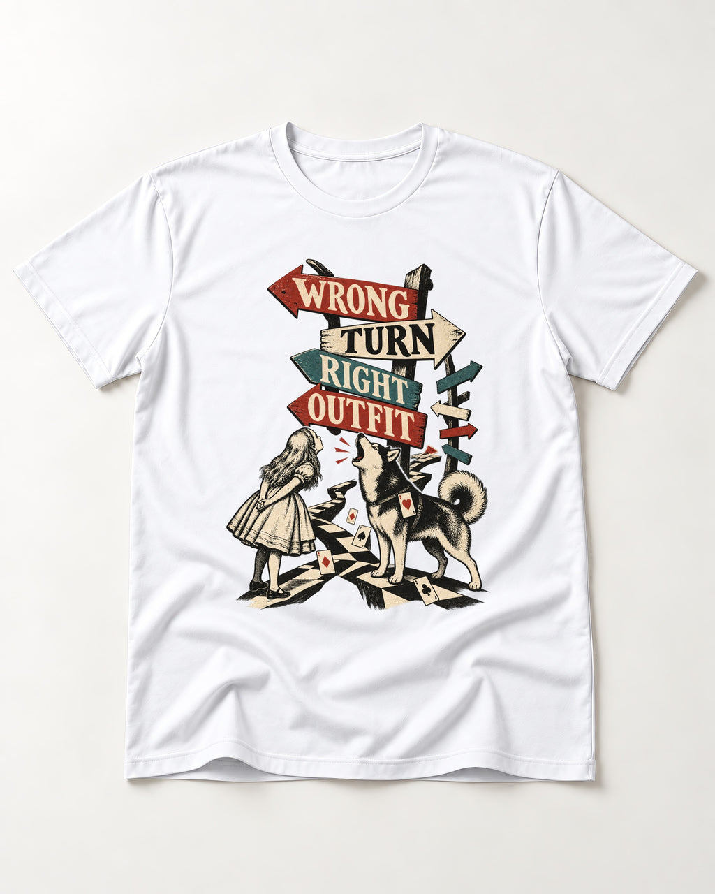 Husky Wrong Turn Right Outfit Wonderland Signpost Graphic T-Shirt in White, flat lay product photo