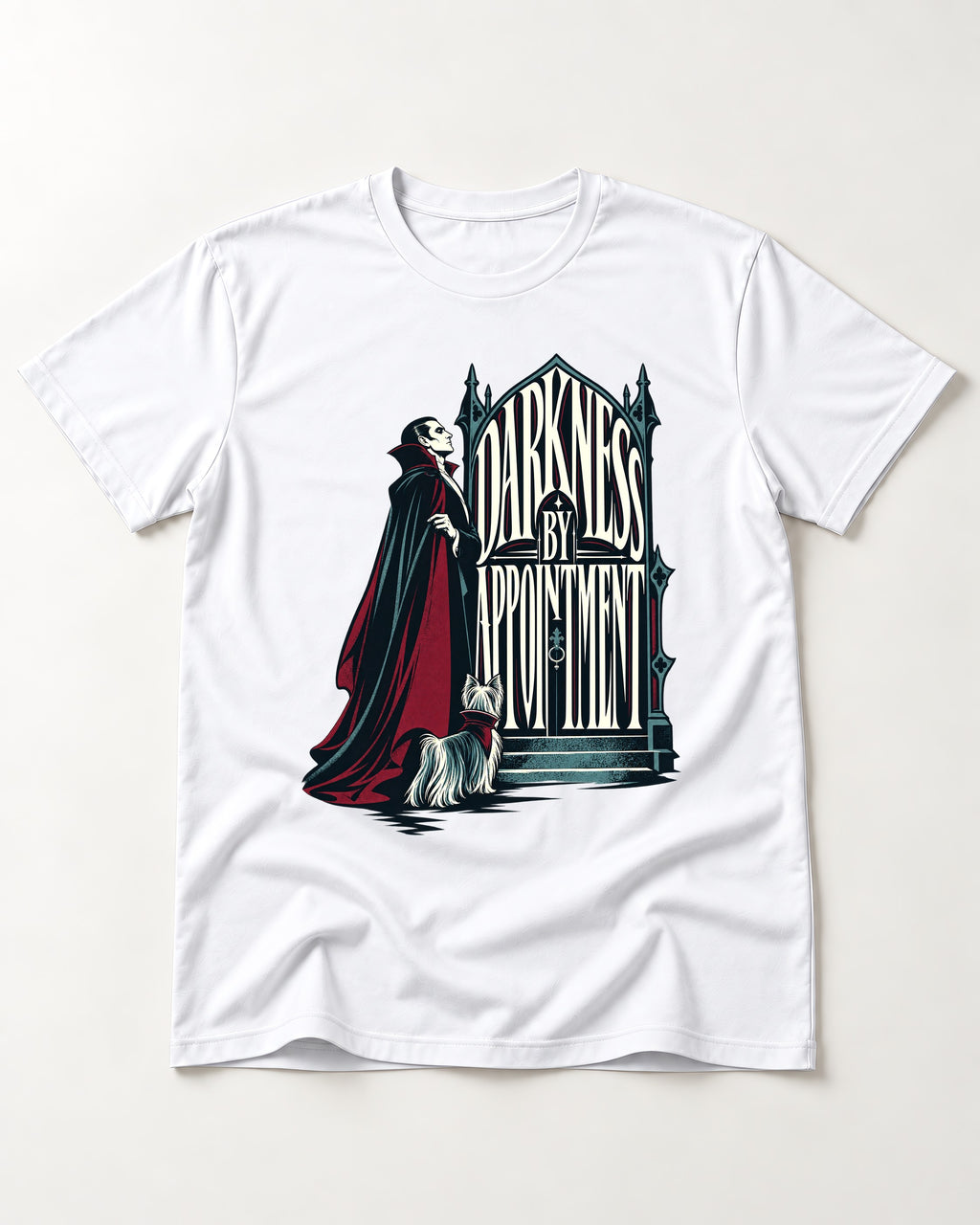 Darkness by Appointment with Yorkshire Terrier T-Shirt in White, flat lay product photo