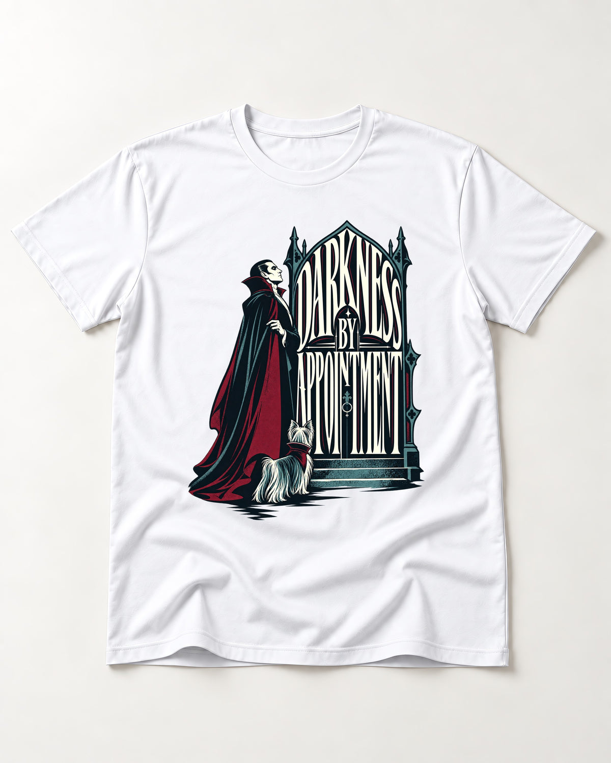 Darkness by Appointment with Yorkshire Terrier T-Shirt in White, flat lay product photo