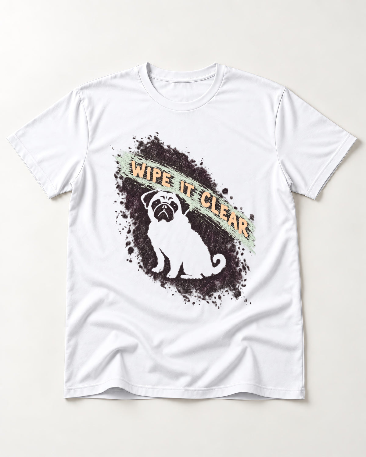 Pug Wipe It Clear T-Shirt in White, flat lay product photo