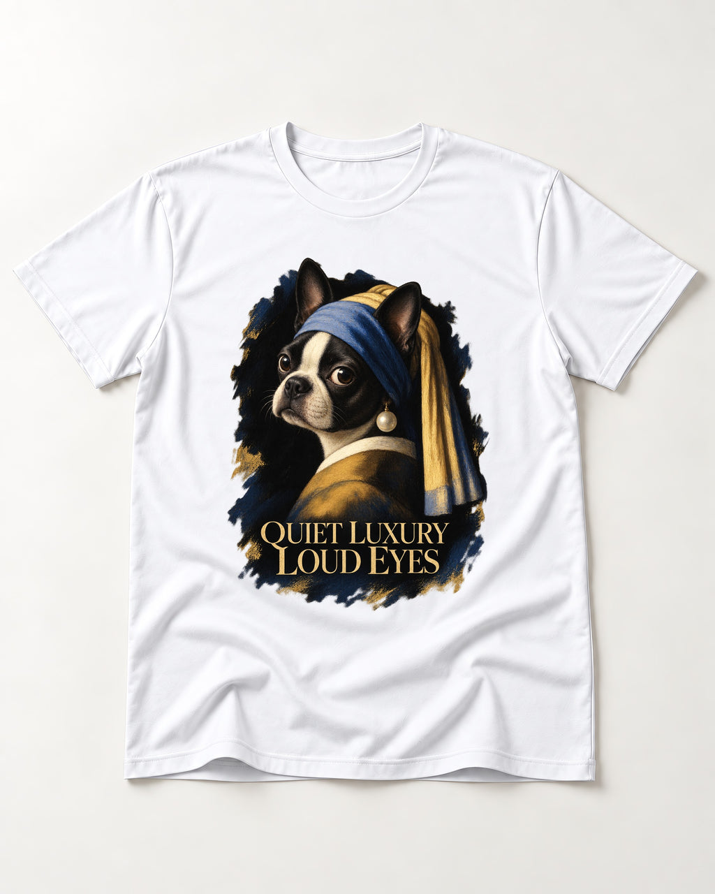 Quiet Luxury Loud Eyes Boston Terrier Pearl Portrait T-Shirt in White, flat lay product photo