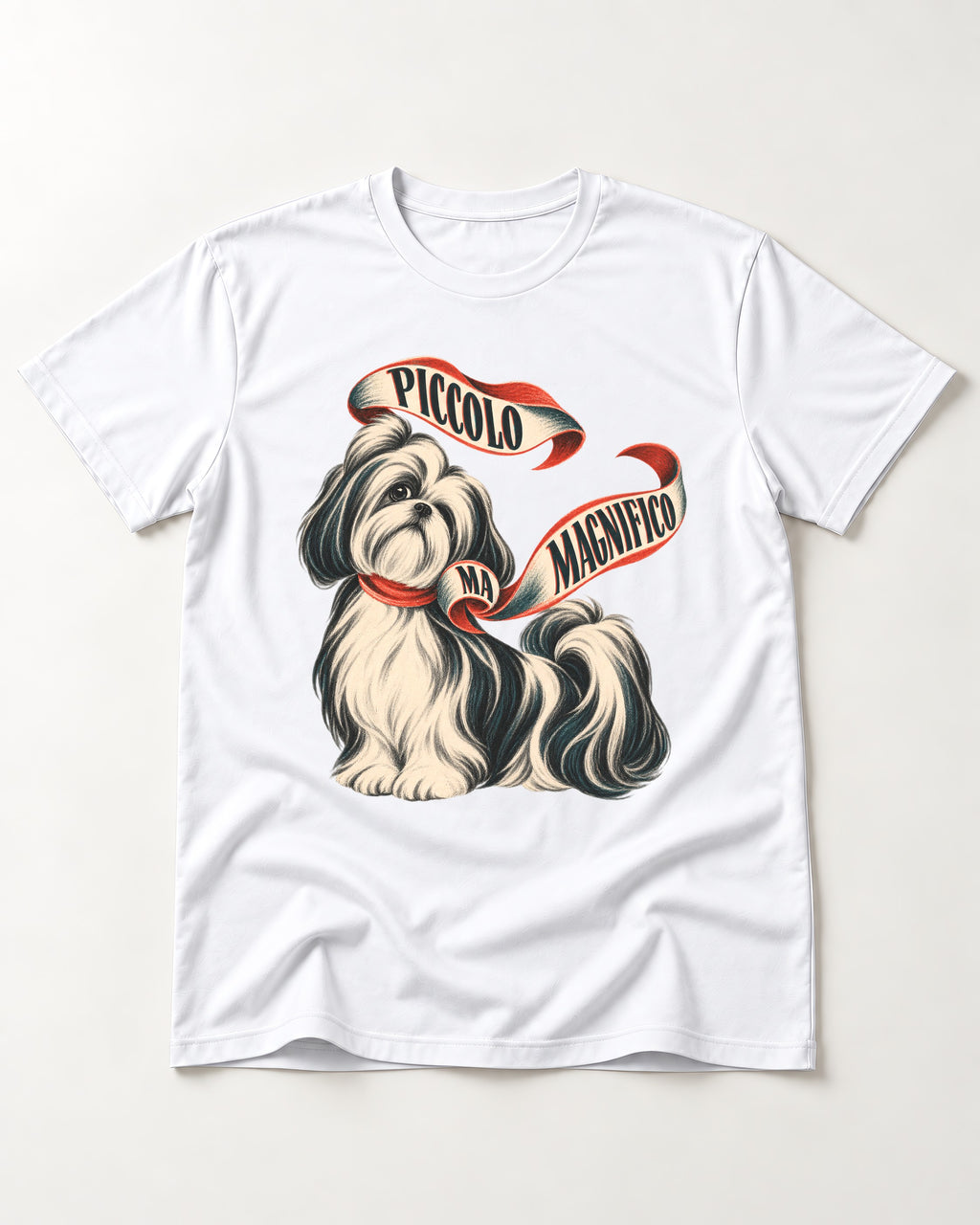 Piccolo Ma Magnifico Shih Tzu T-Shirt in White, flat lay product photo