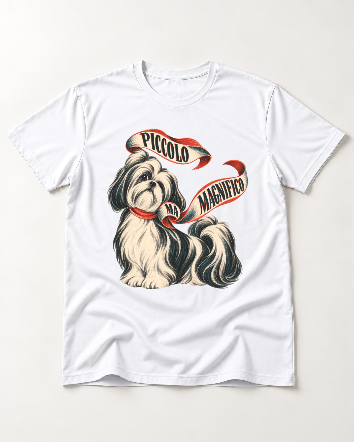 Piccolo Ma Magnifico Shih Tzu T-Shirt in White, flat lay product photo