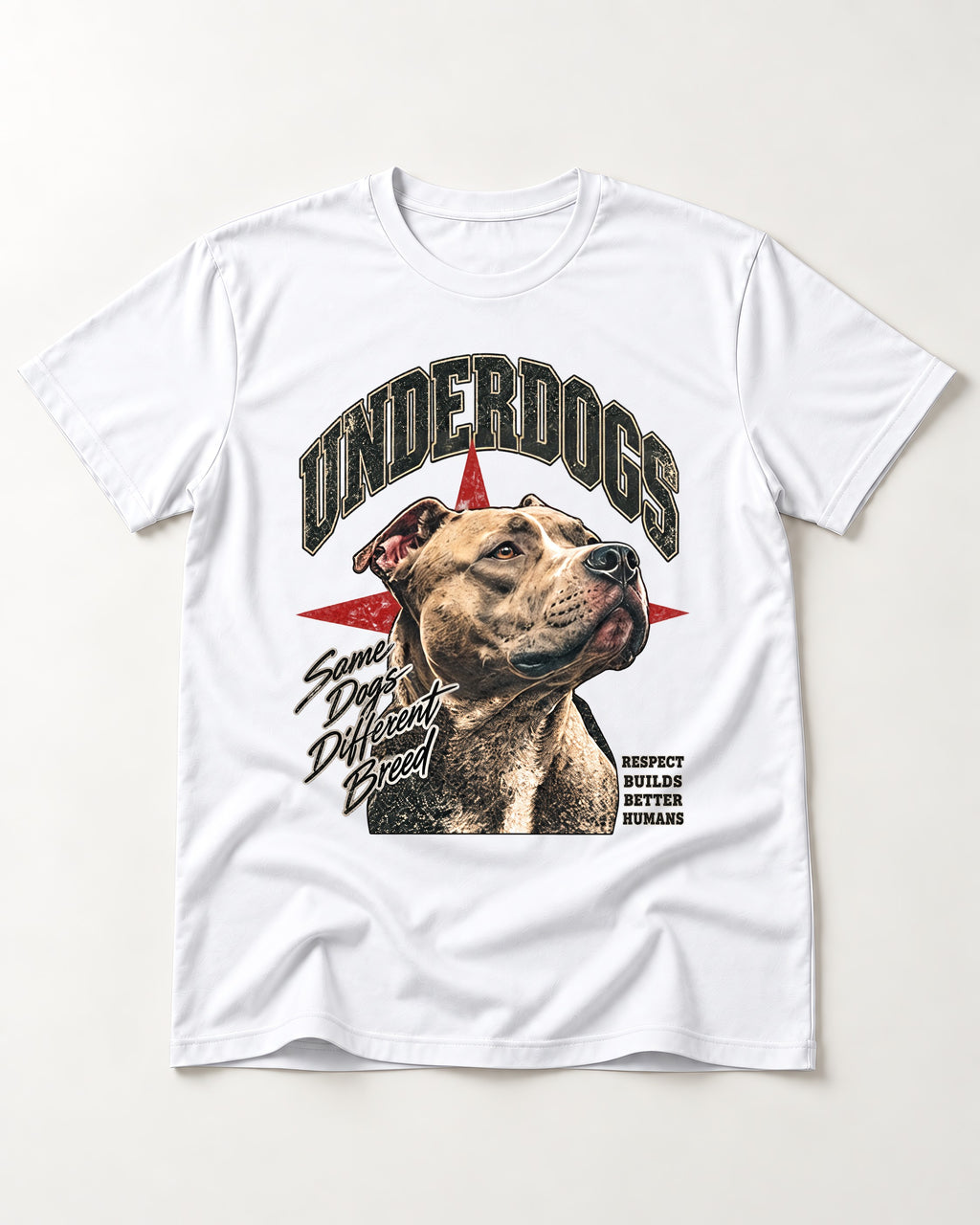 Pitbull Underdogs Same Dogs Different Breed Portrait Graphic T-Shirt in White, flat lay product photo