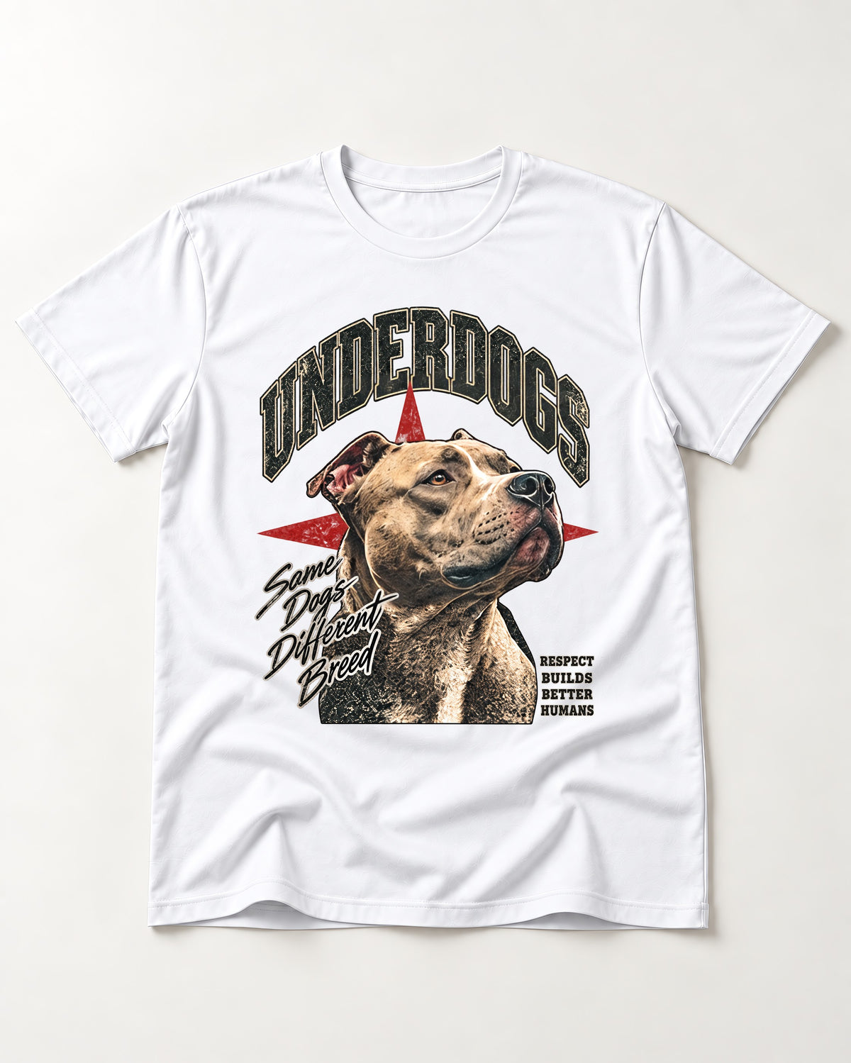 Pitbull Underdogs Same Dogs Different Breed Portrait Graphic T-Shirt in White, flat lay product photo