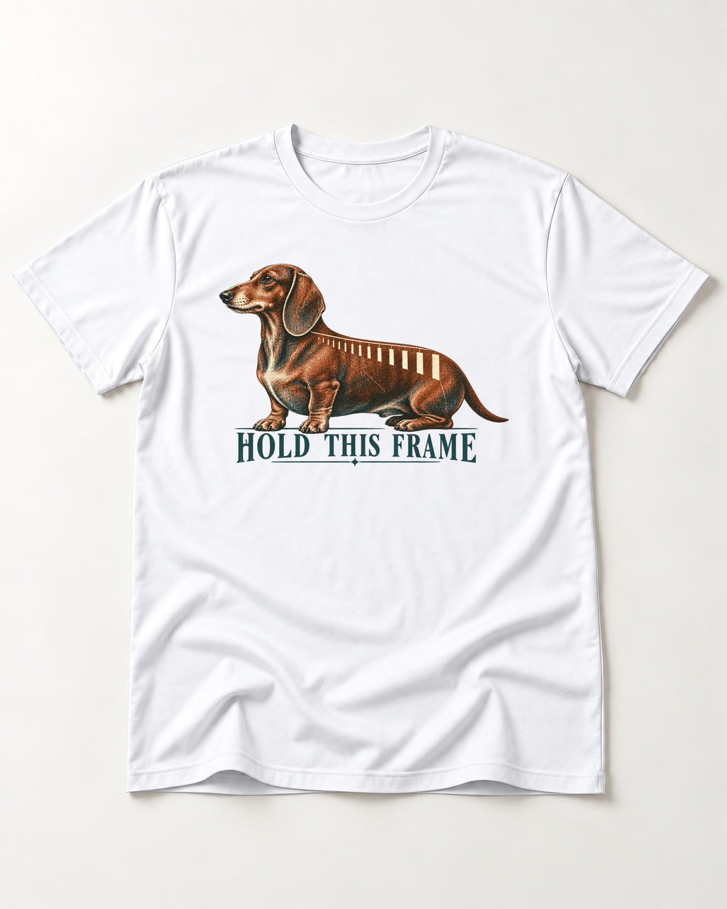 Dachshund Hold This Frame T-Shirt in White, flat lay product photo