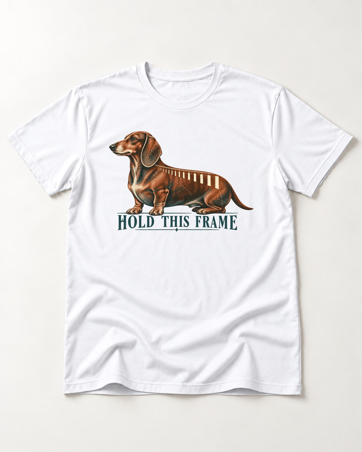 Dachshund Hold This Frame T-Shirt in White, flat lay product photo