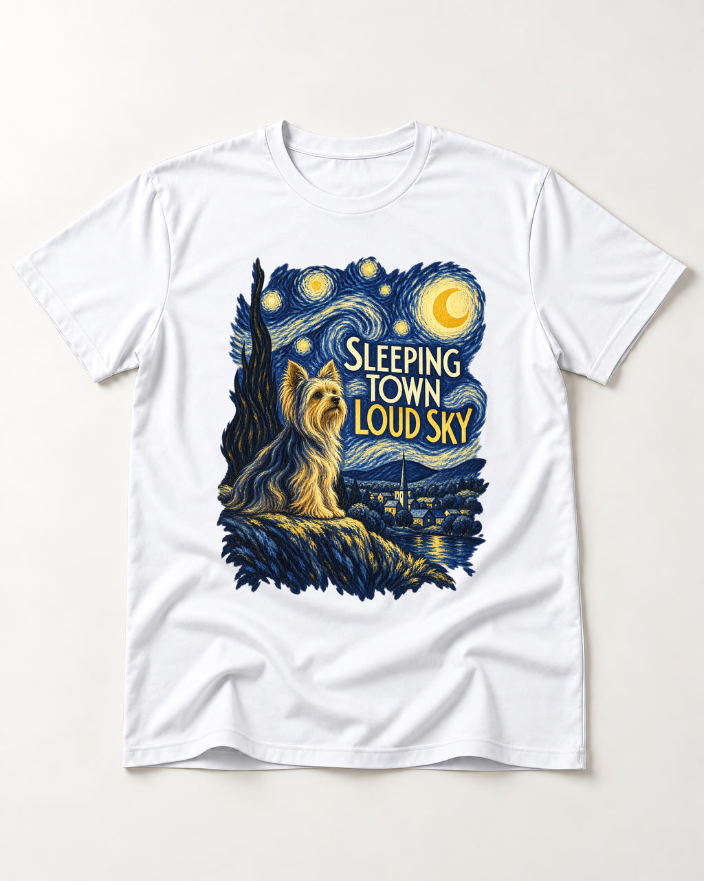 Yorkshire Terrier Sleeping Town Loud Sky Starry Night Graphic T-Shirt in White, flat lay product photo