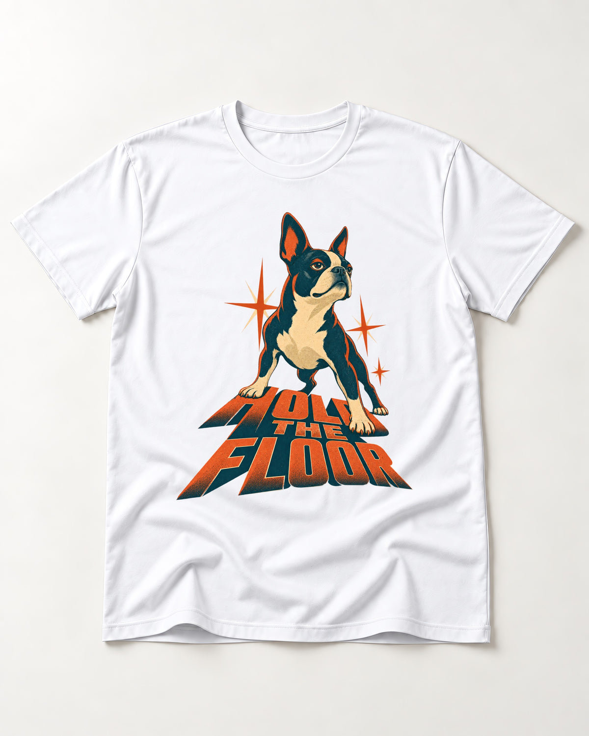 Boston Terrier On The Floor Perspective Graphic T-Shirt in White, flat lay product photo
