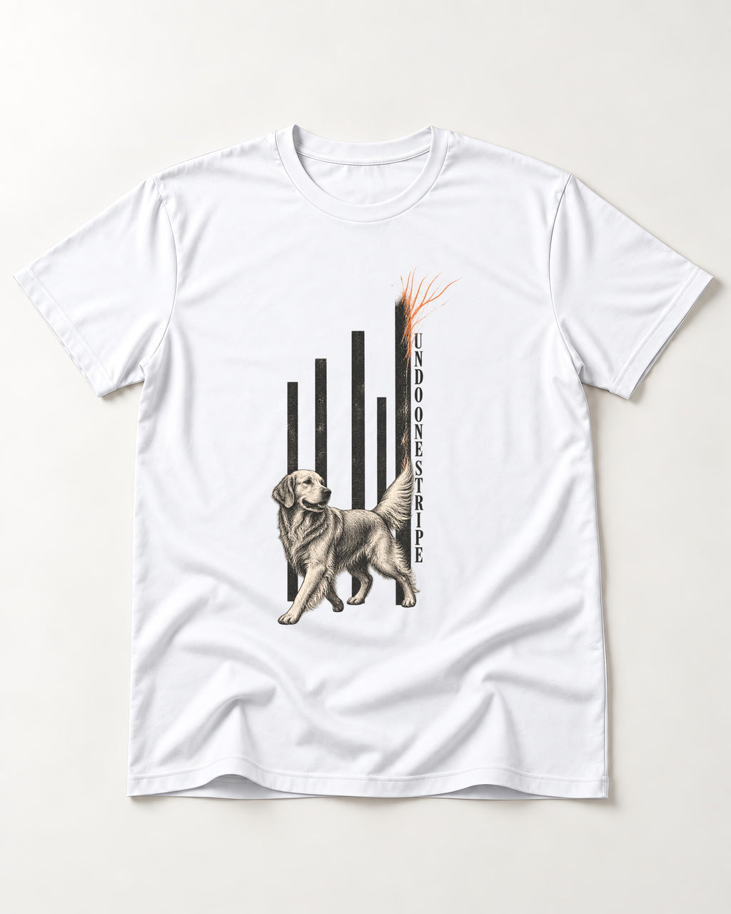 Undo One Stripe Golden Retriever T-Shirt in White, flat lay product photo