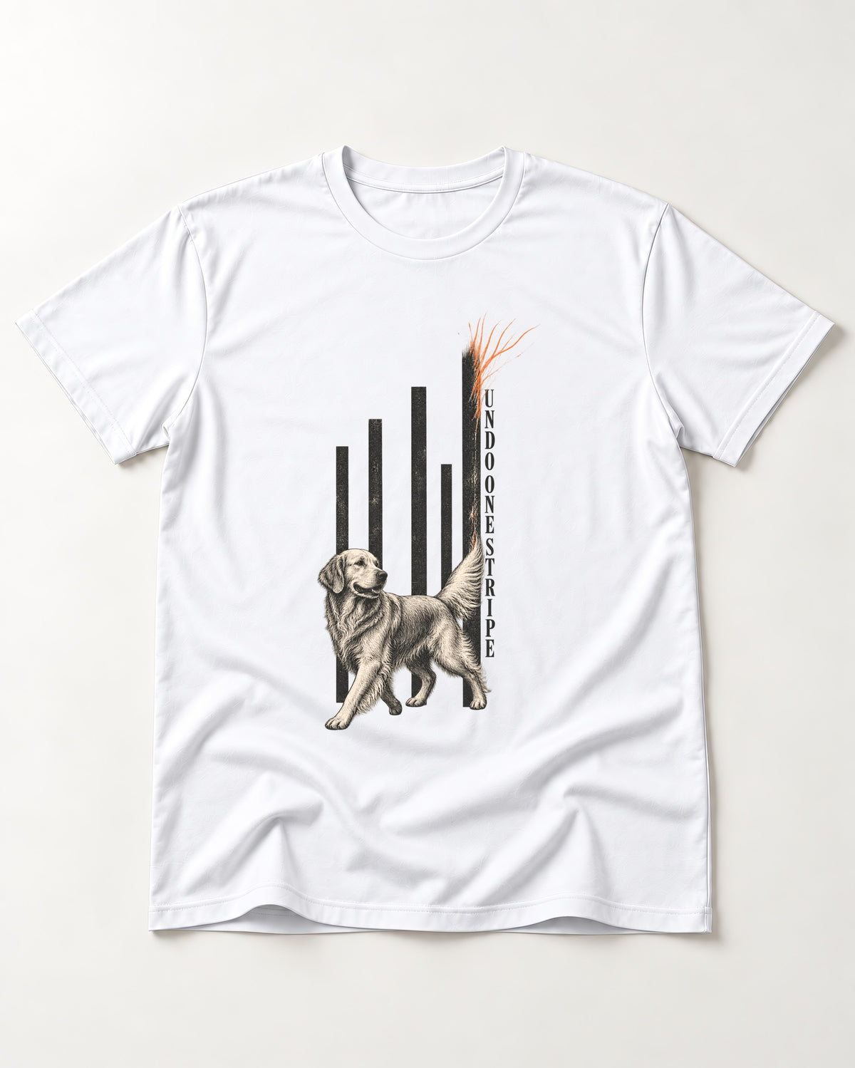 Undo One Stripe Golden Retriever T-Shirt in White, flat lay product photo