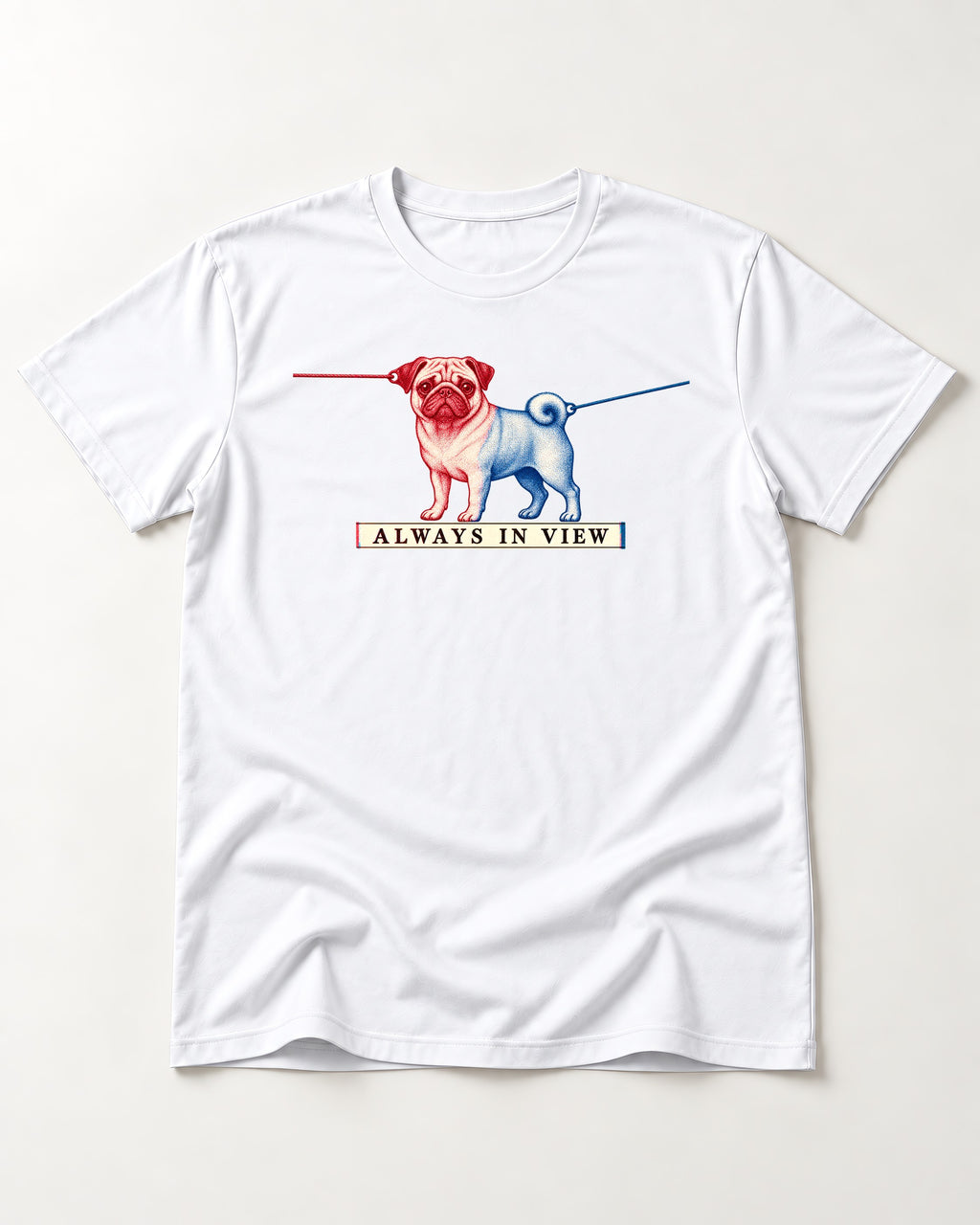 Pug Always in View Split Leash Graphic T-Shirt in White, flat lay product photo