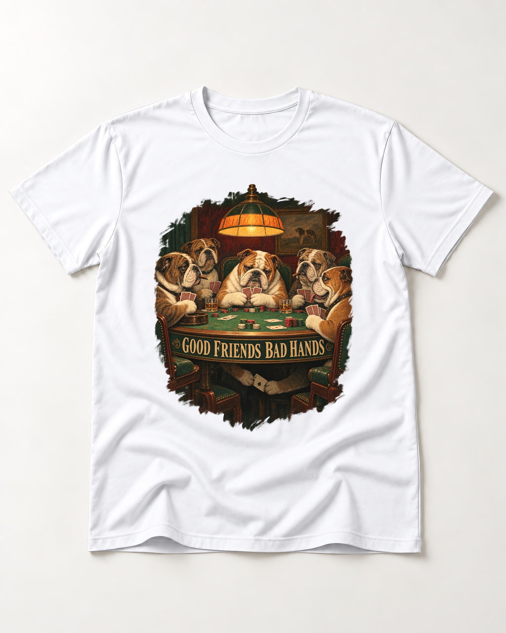 English Bulldog Good Friends Bad Hands Poker Graphic T-Shirt in White, flat lay product photo